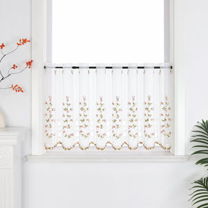 Cafe Curtain with Embroidered Flowers and Leaves - Sheer, H x W 30 x 150cm