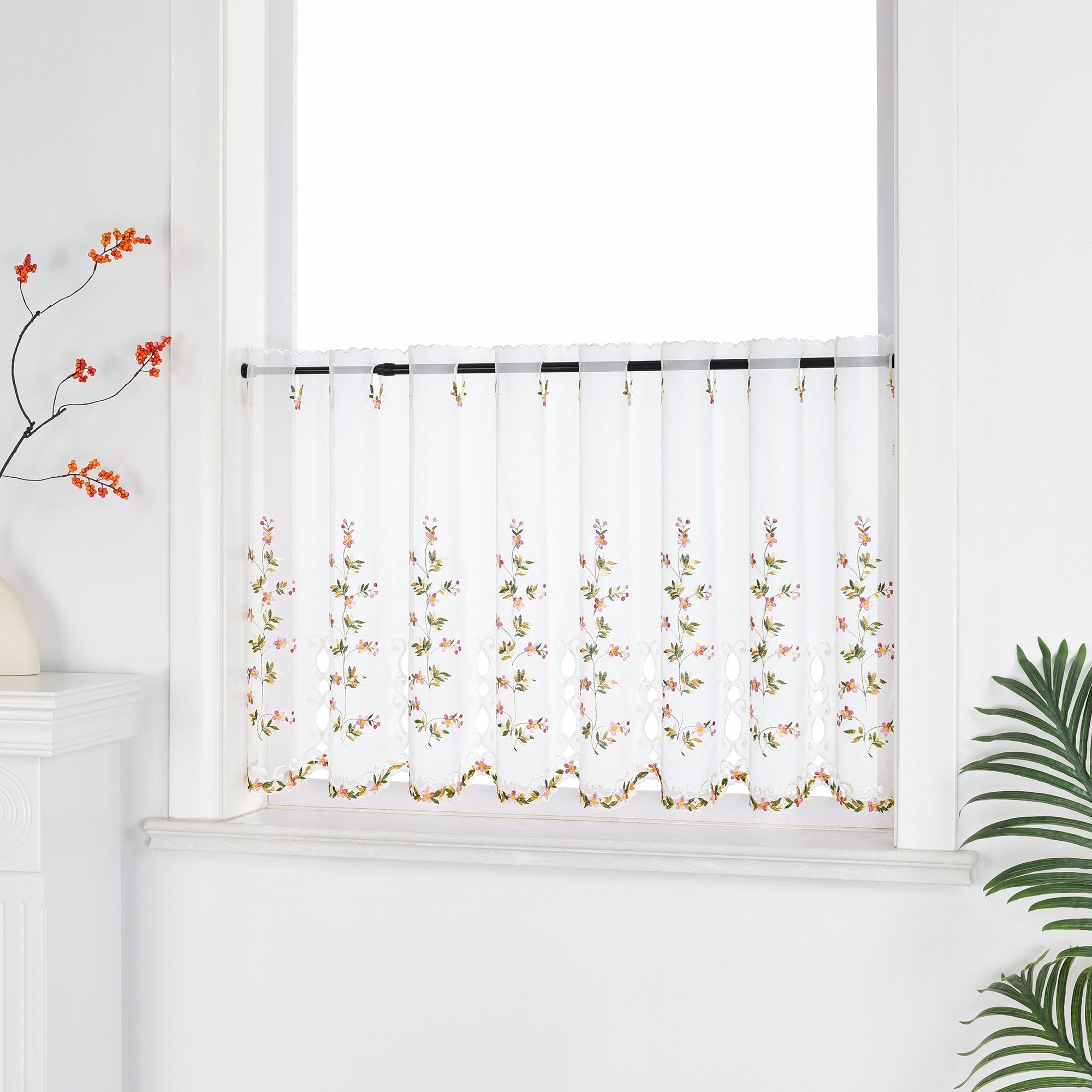 Cafe Curtain with Embroidered Flowers and Leaves - Sheer, H x W 45 x 150cm