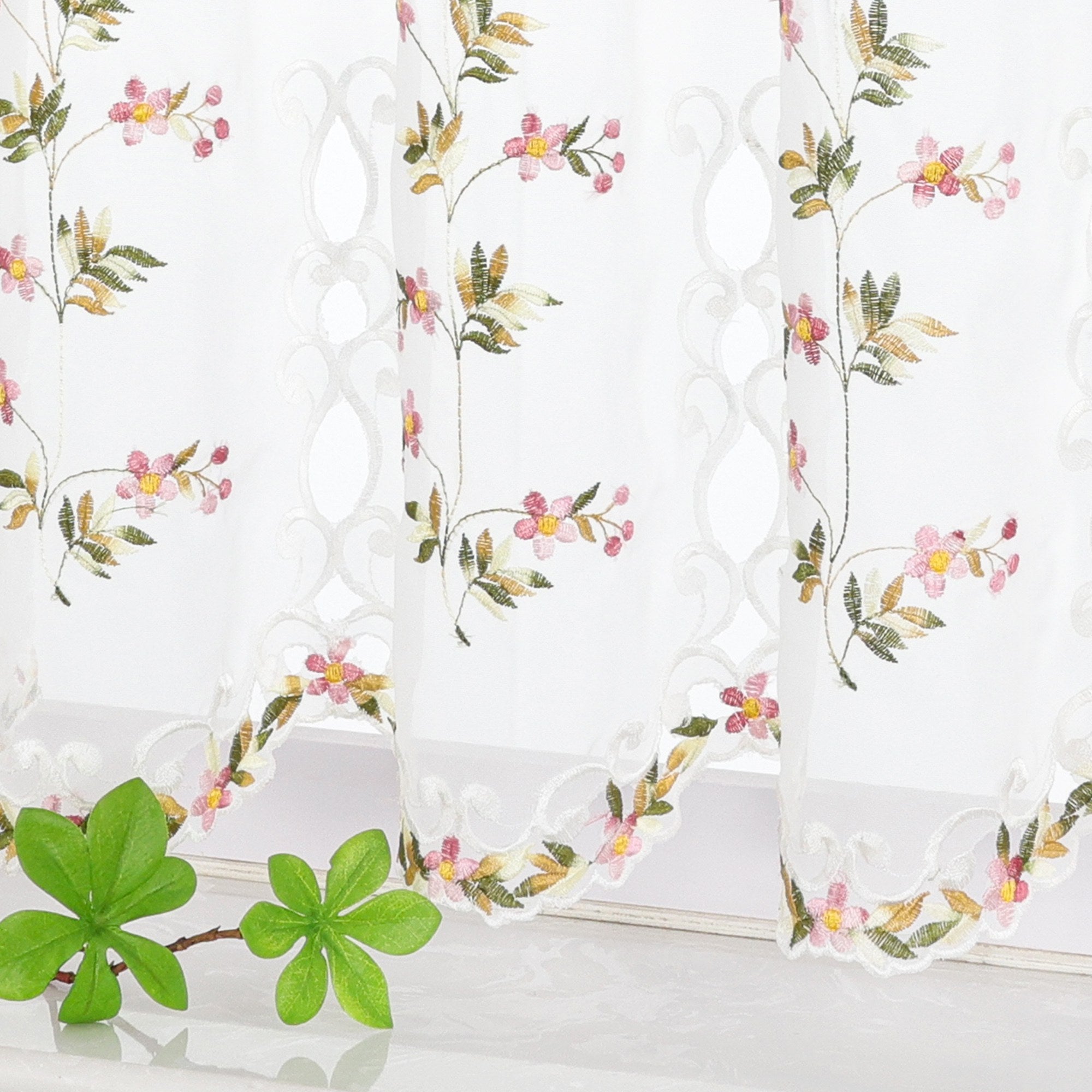 Cafe Curtain with Embroidered Flowers and Leaves
