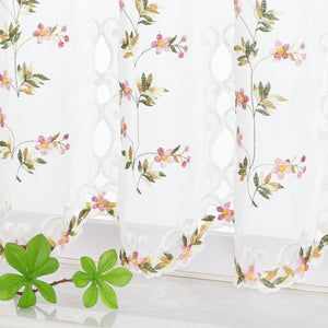 Cafe Curtain with Embroidered Flowers and Leaves