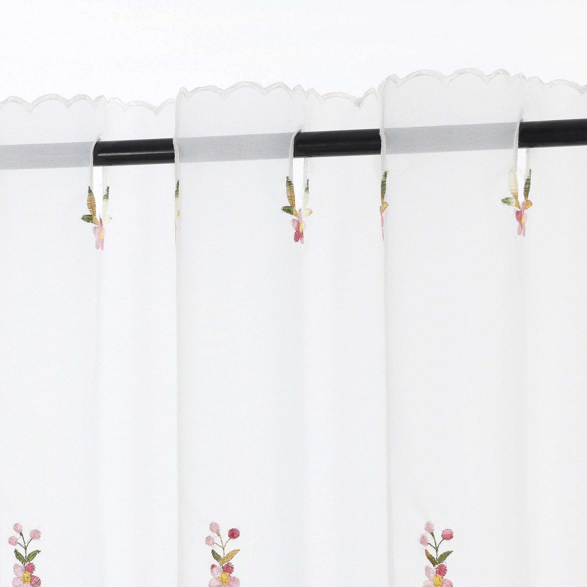 Cafe Curtain with Embroidered Flowers and Leaves - Sheer, H x W 75 x 150cm