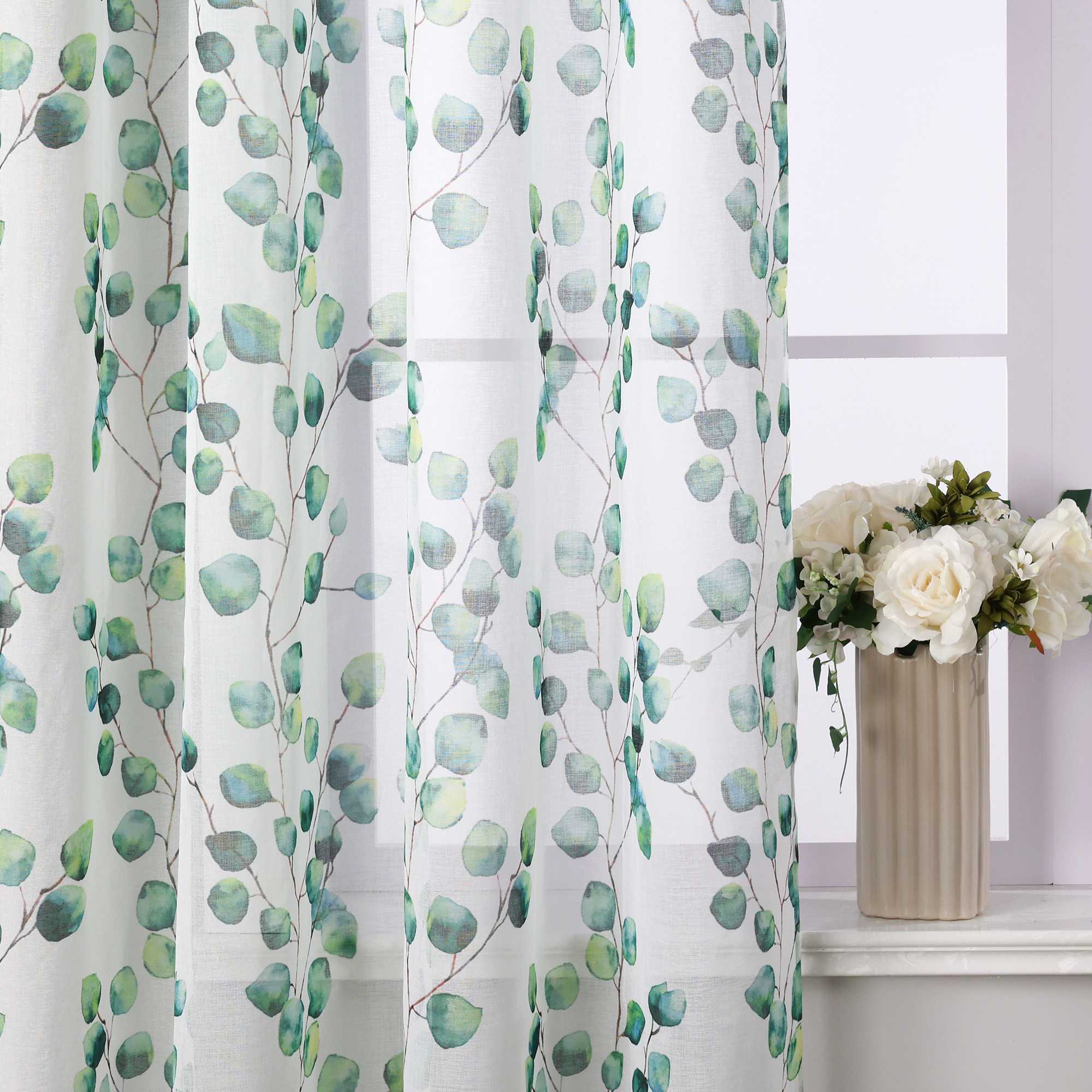 Tab-Top Curtain Sheer Airy Leaf Print 1 Piece - Green, H x W 245 x 140cm