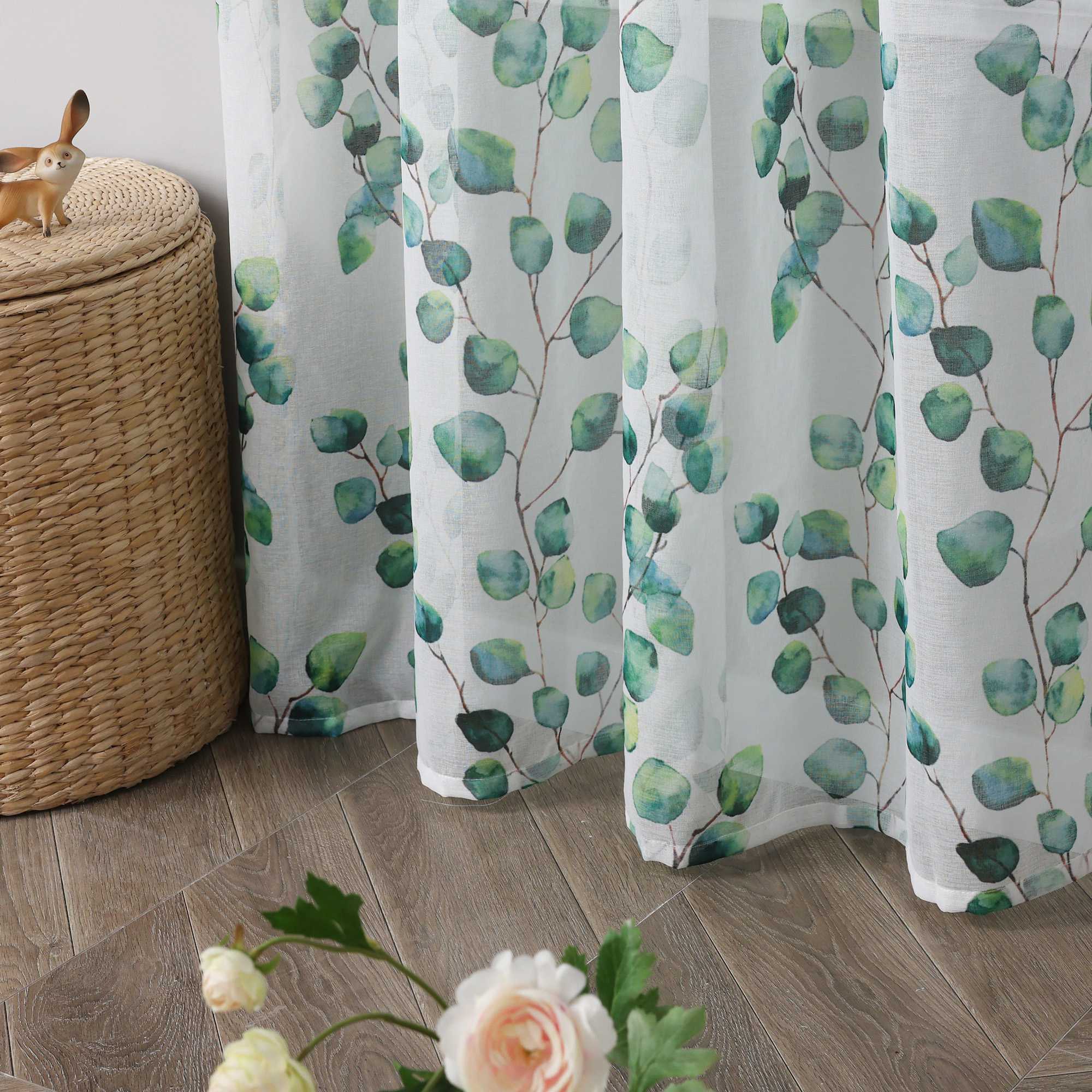 Tab-Top Curtain Sheer Airy Leaf Print 1 Piece - Green, H x W 260 x 140cm