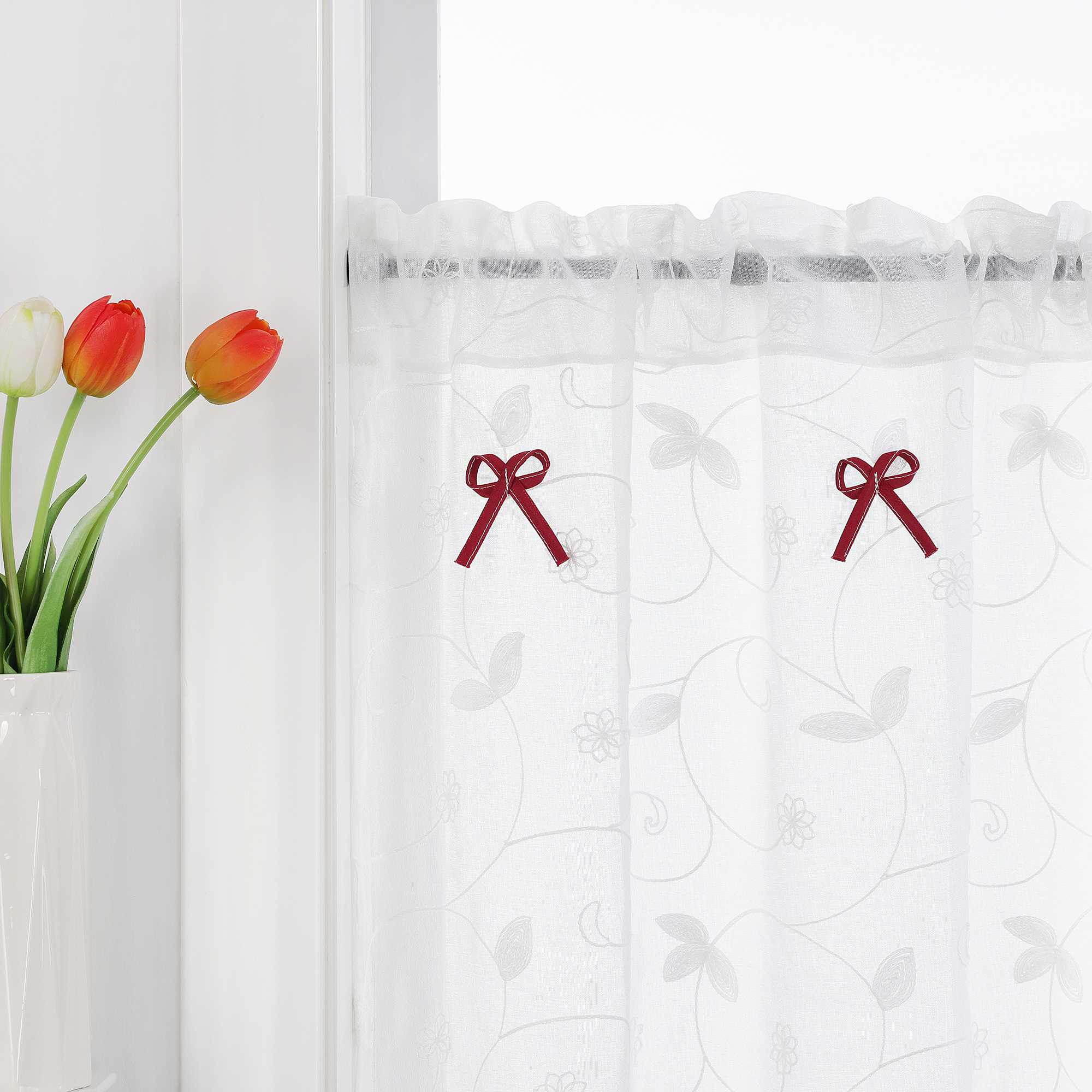 Cafe Curtain with Bows & Sheer Leaf Pattern - White, W x H 140 x 35cm