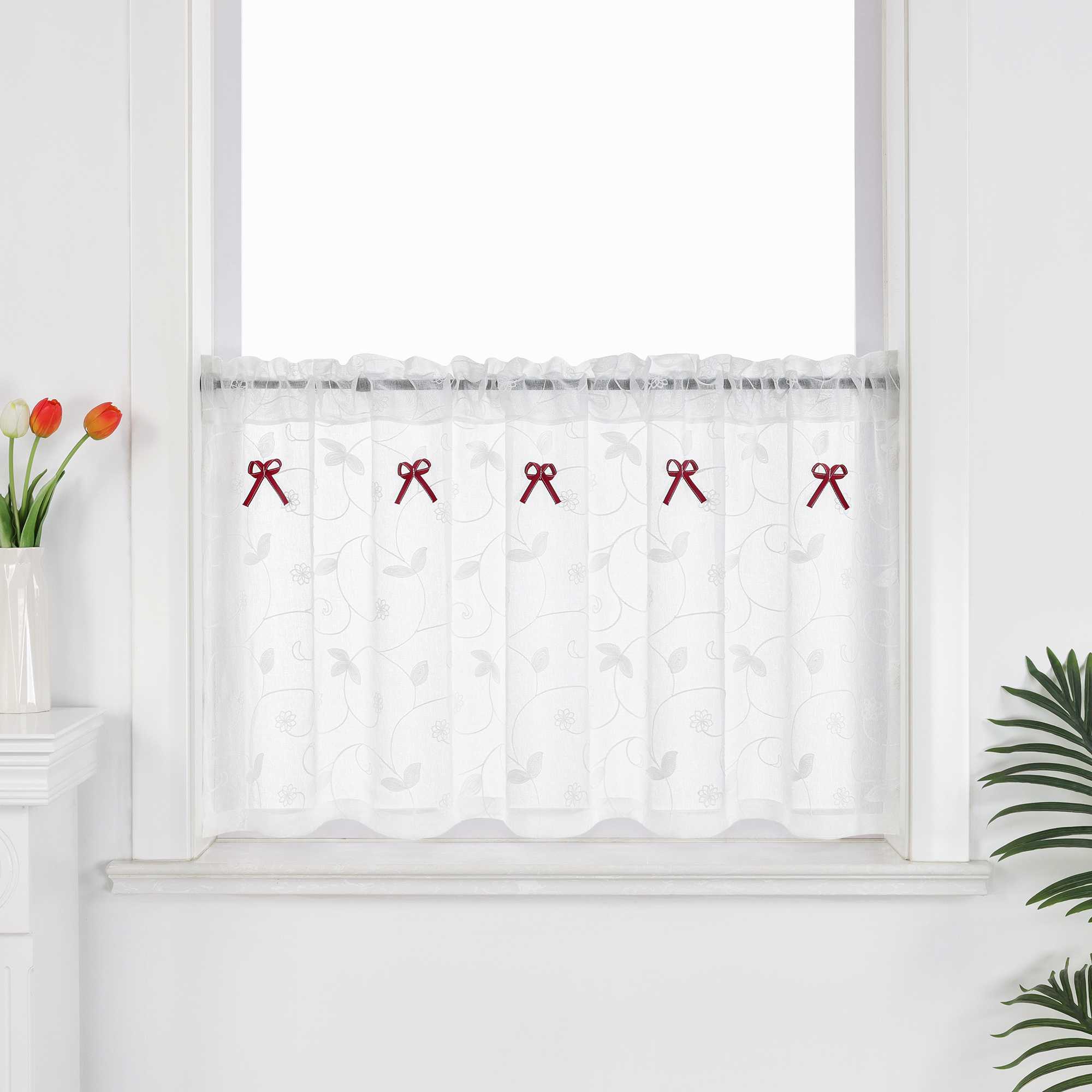 Cafe Curtain with Bows & Sheer Leaf Pattern - White, W x H 90 x 45cm