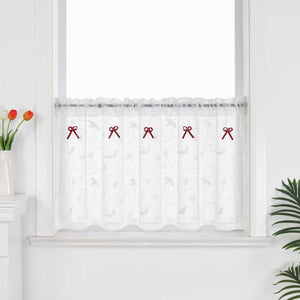 Cafe Curtain with Bows & Sheer Leaf Pattern - White, W x H 90 x 45cm
