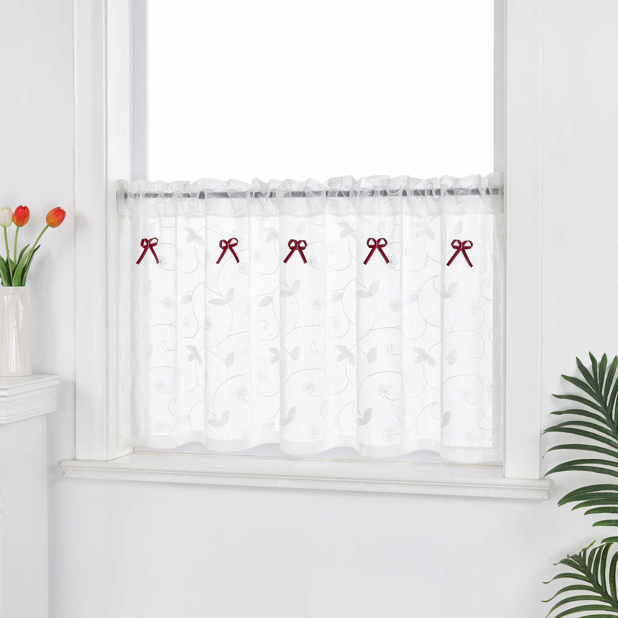 Cafe Curtain with Bows & Sheer Leaf Pattern - White, W x H 90 x 90cm