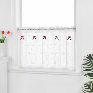 Cafe Curtain with Bows & Sheer Leaf Pattern - White, W x H 90 x 90cm