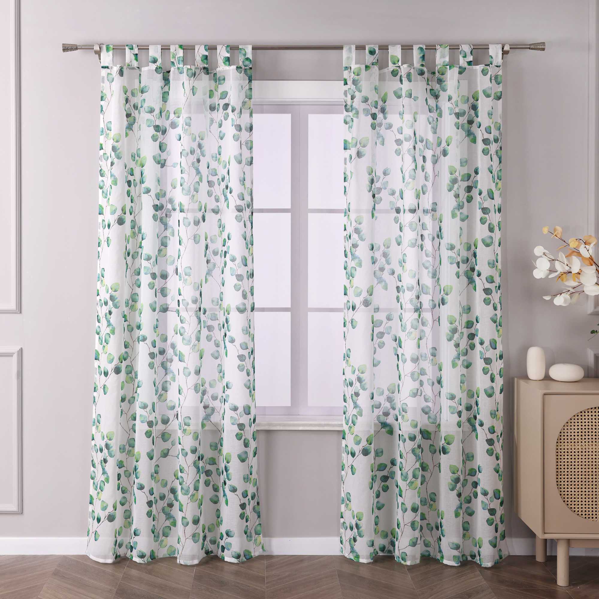 Tab-Top Curtain Sheer Airy Leaf Print 1 Piece - Green, H x W 145 x 140cm