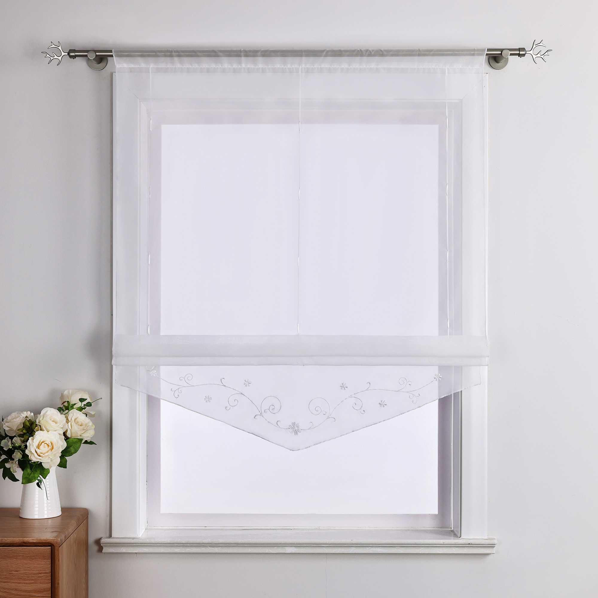 Roman Shade with Floral Pattern Modern Sheer 1 Piece - White, W x H 60 x 140cm
