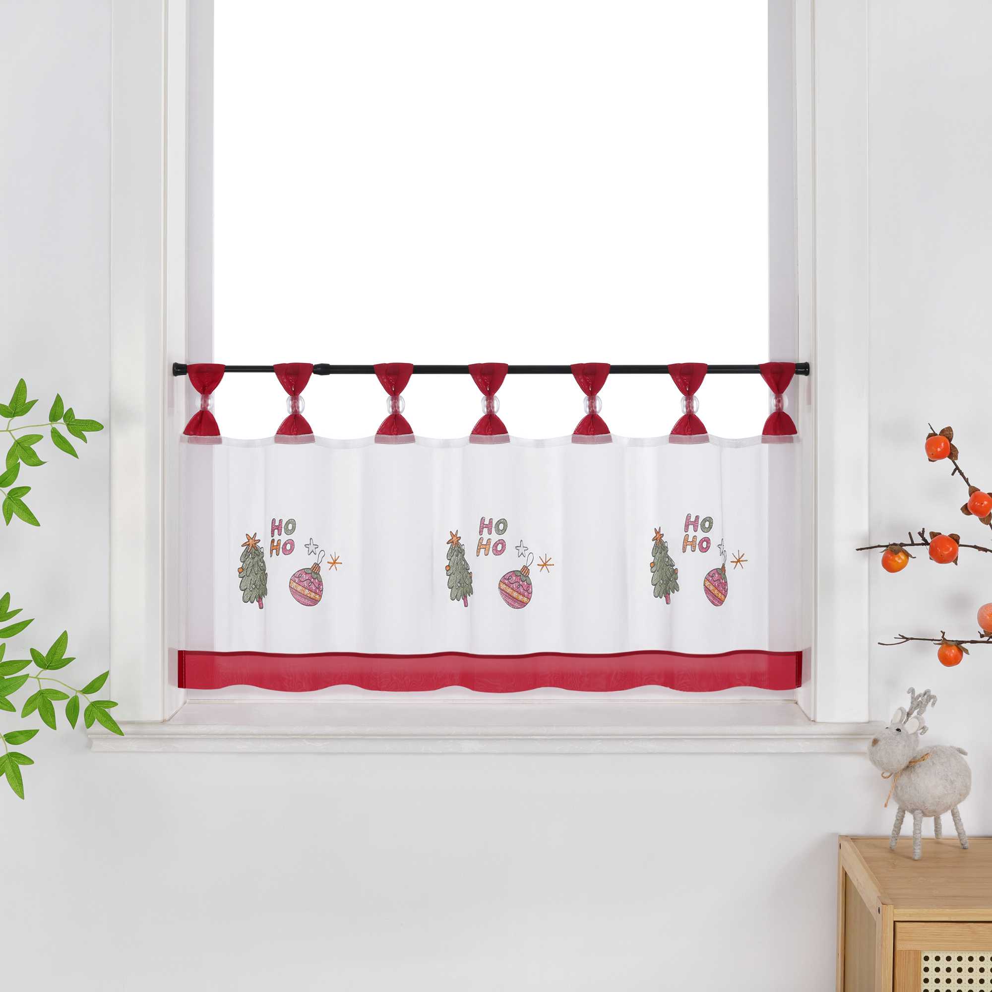 Cafe Curtain Christmas Sheer Polyester with Red Trim and Embroidery Fir Tree Christmas Ornaments - Red, W x H 90 x 30cm