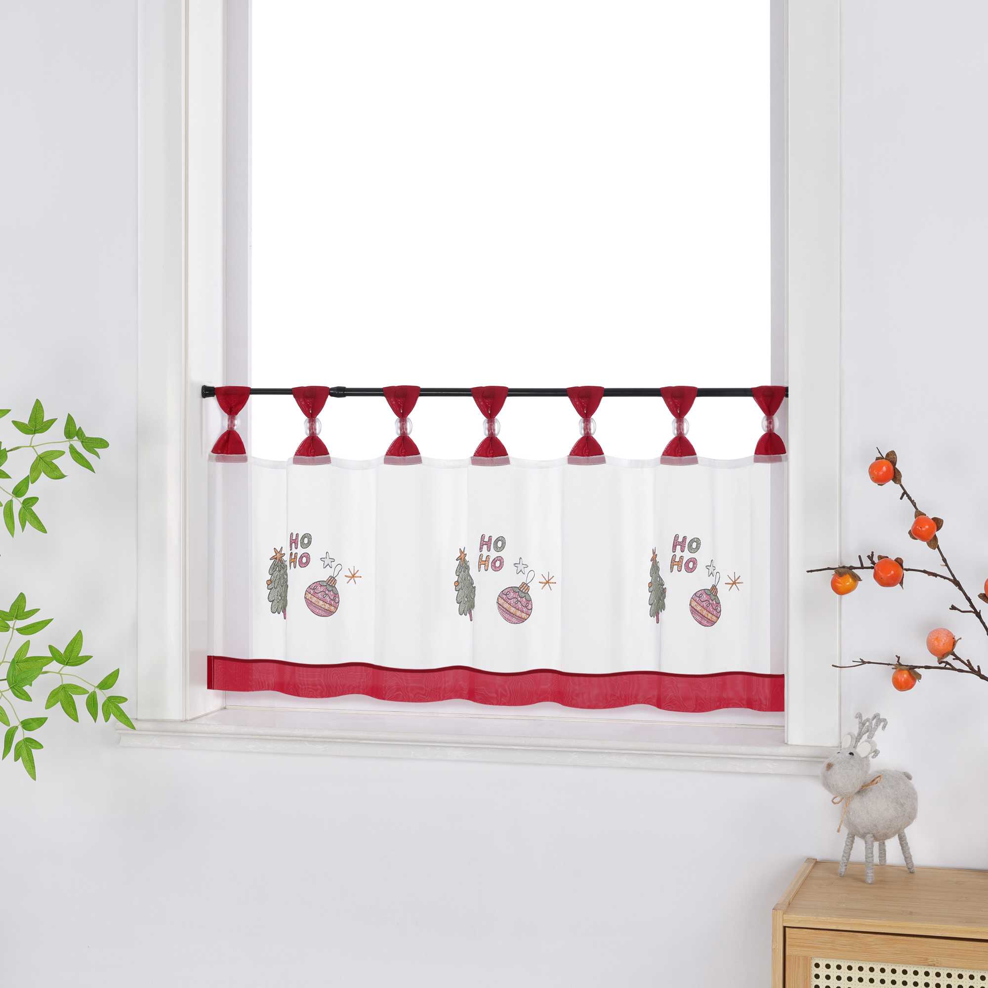 Cafe Curtain Christmas Sheer Polyester with Red Trim and Embroidery Fir Tree Christmas Ornaments - Red, W x H 90 x 45cm