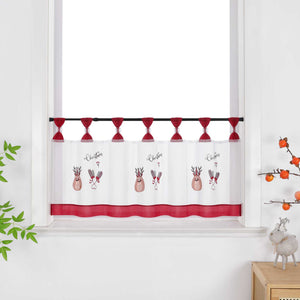 Cafe Curtain Christmas Sheer with Red Trim and Christmas Embroidery - Red, W x H 90 x 30cm