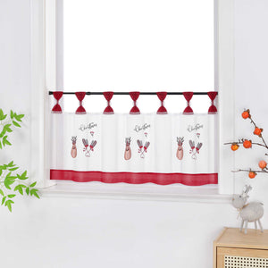 Cafe Curtain Christmas Sheer with Red Trim and Christmas Embroidery