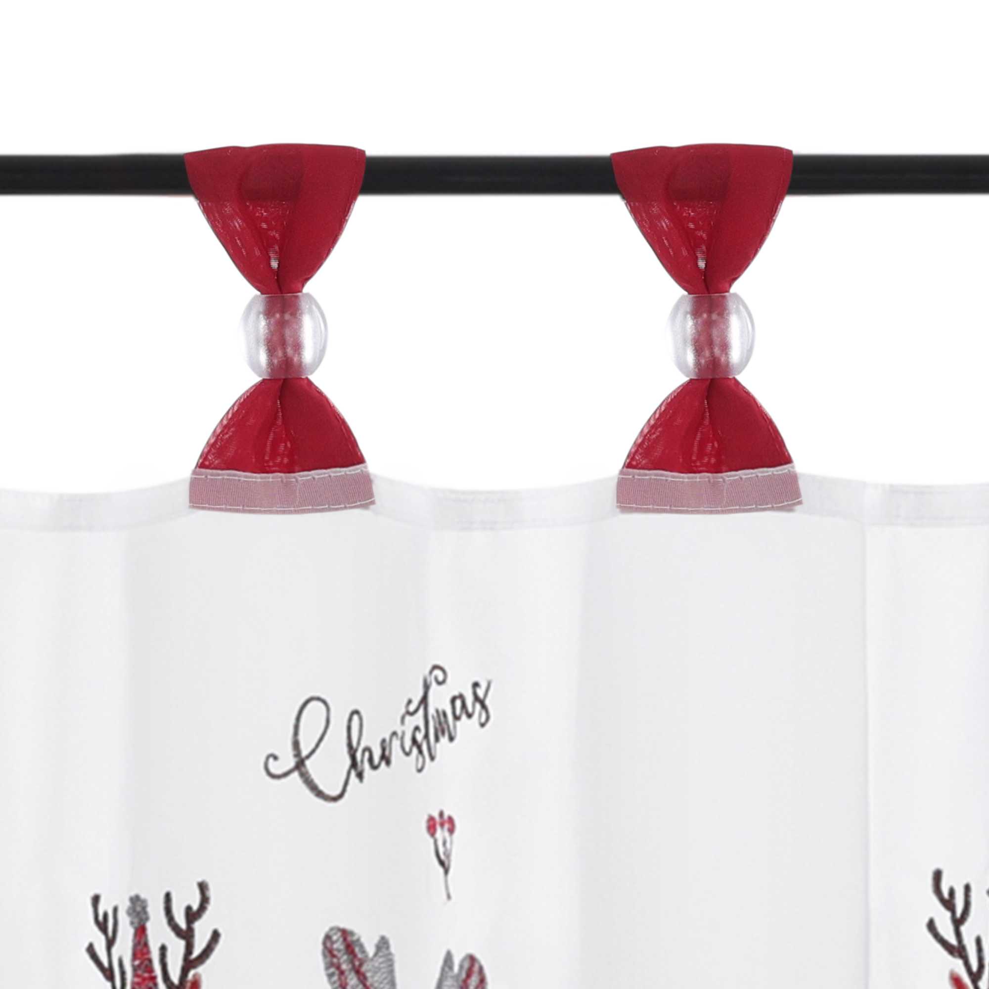 Cafe Curtain Christmas Sheer with Red Trim and Christmas Embroidery - Red, W x H 120 x 90cm
