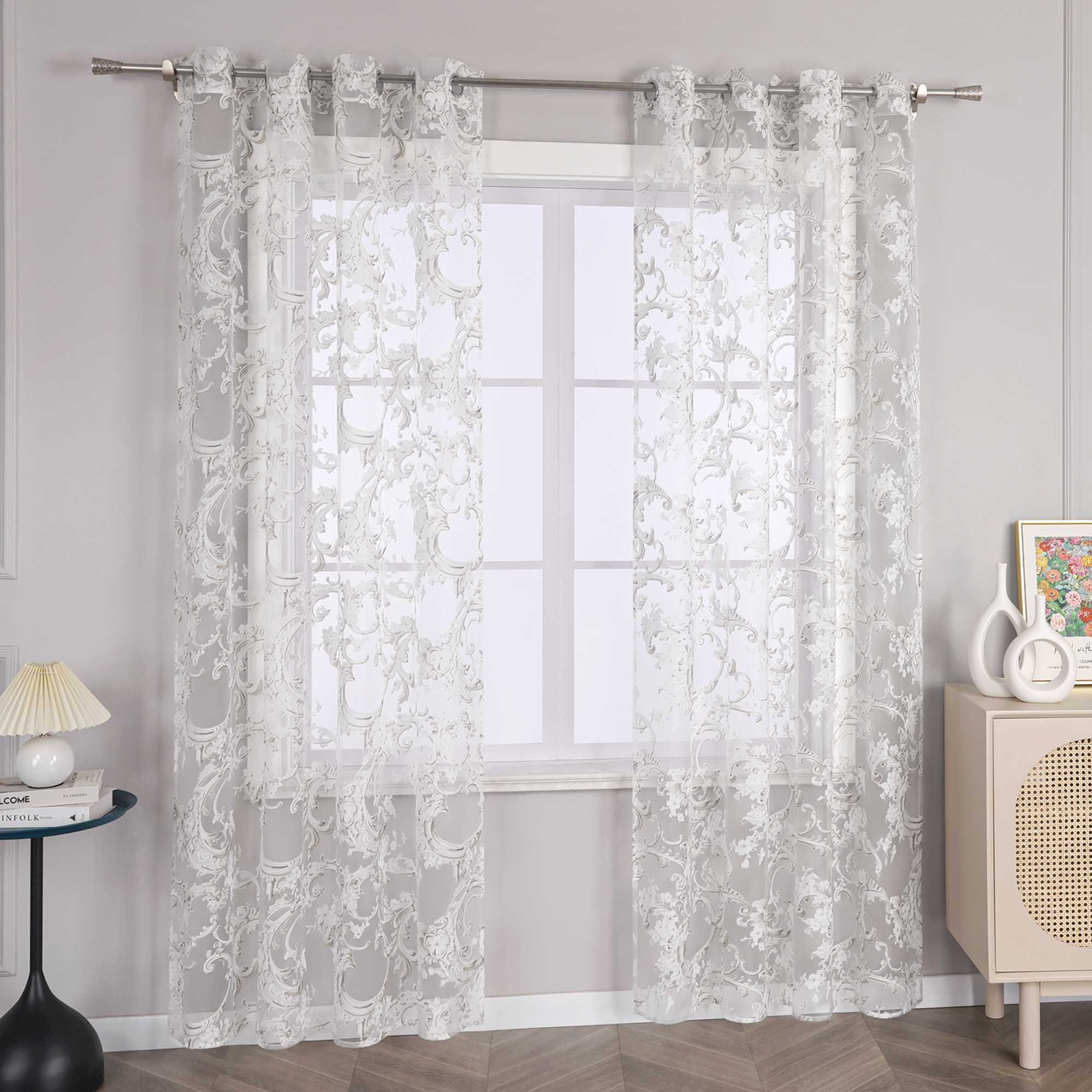 Elegant Curtain with Phoenix-Flower Pattern - Sheer Voile Grommet Curtain Panel - Sand, H x W 175 x 140cm