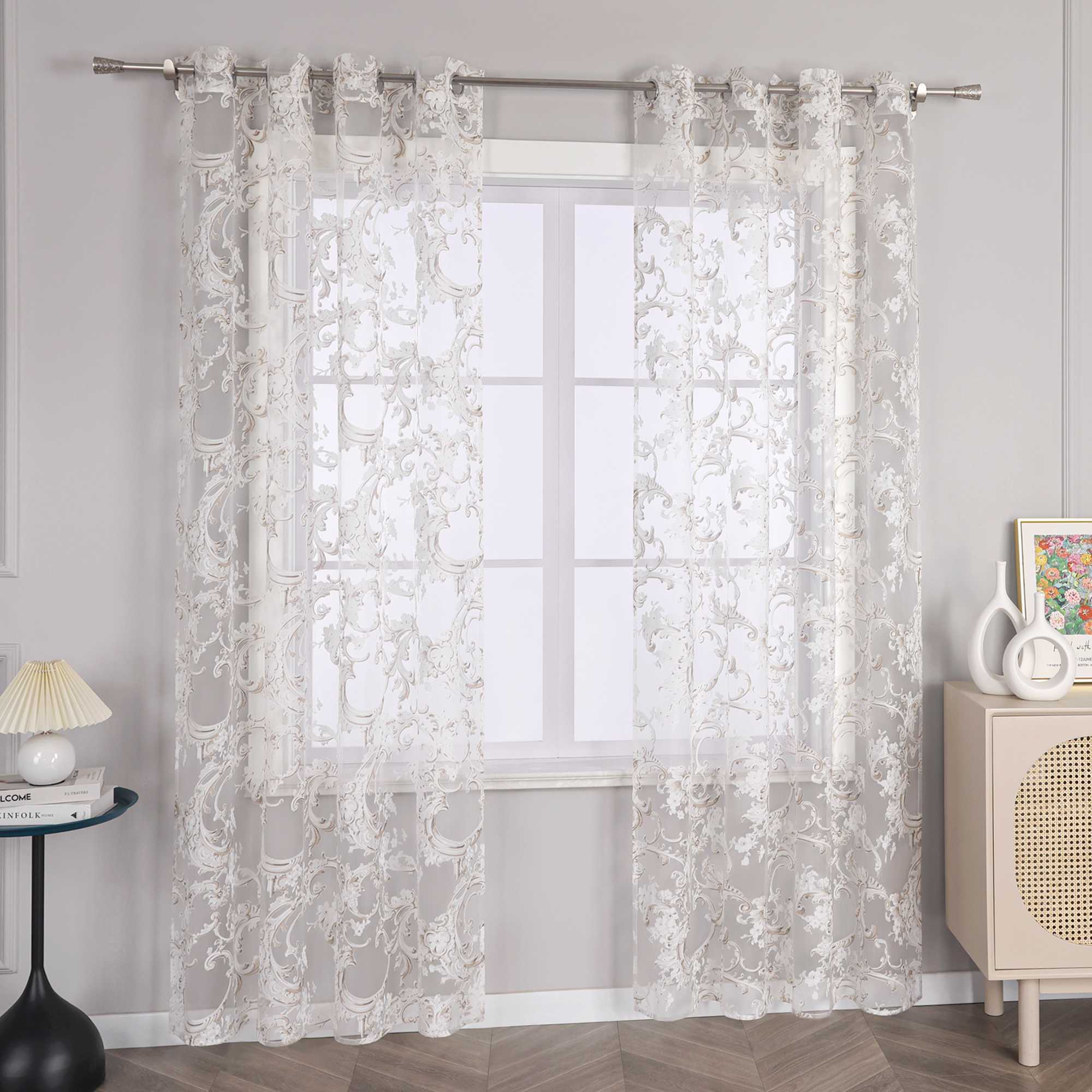 Elegant Curtain with Phoenix-Flower Pattern - Sheer Voile Grommet Curtain Panel