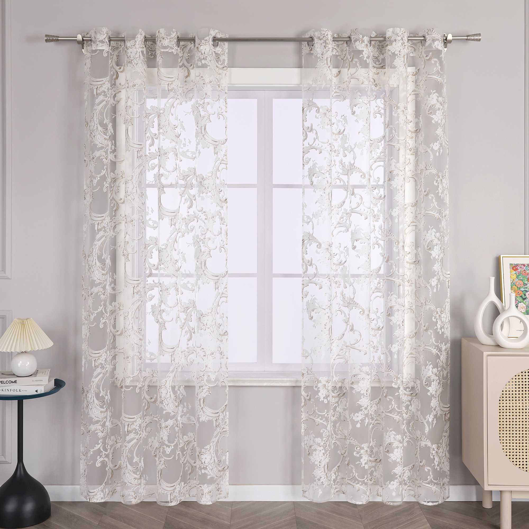 Elegant Curtain with Phoenix-Flower Pattern - Sheer Voile Grommet Curtain Panel