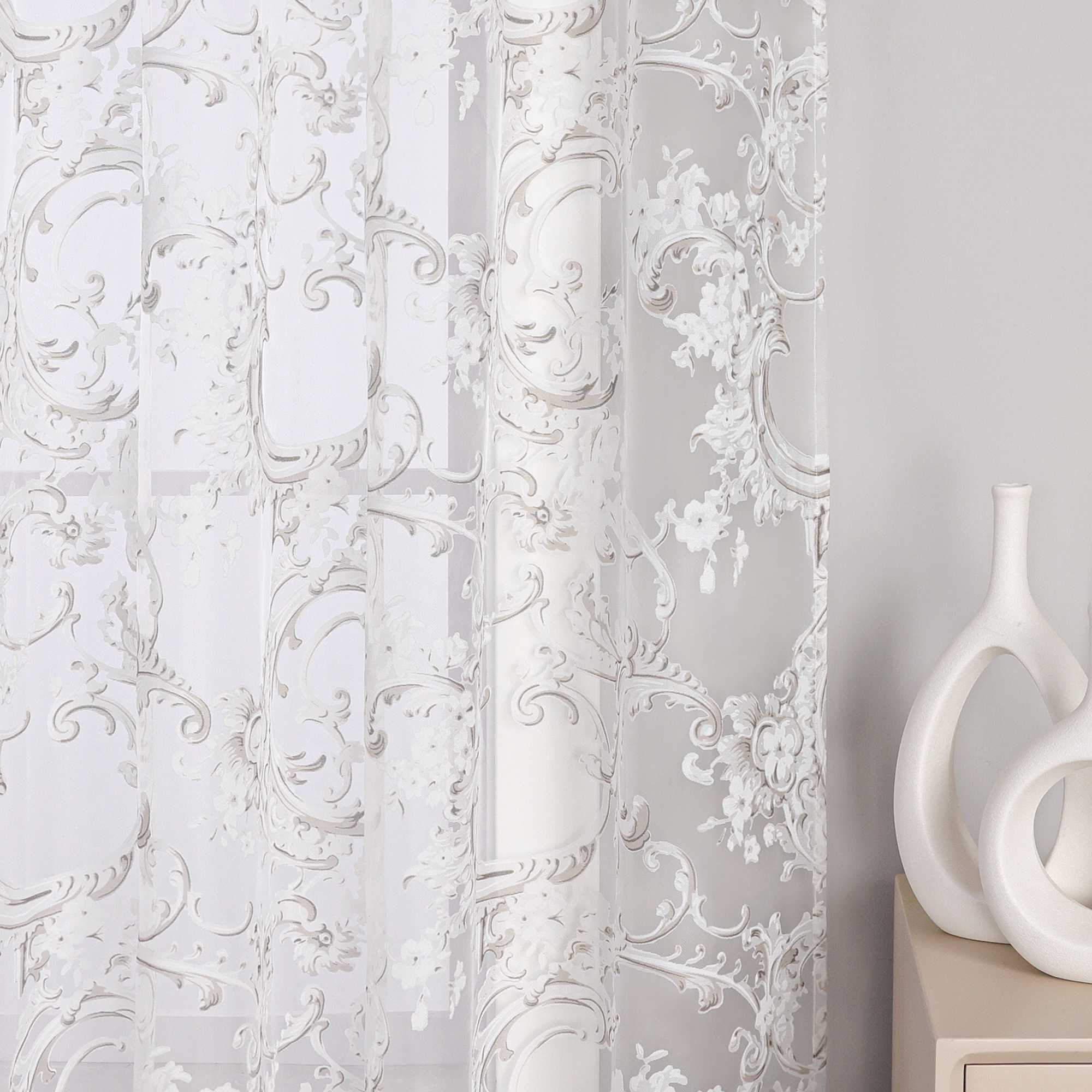 Elegant Curtain with Phoenix-Flower Pattern - Sheer Voile Grommet Curtain Panel - Sand, H x W 225 x 140cm