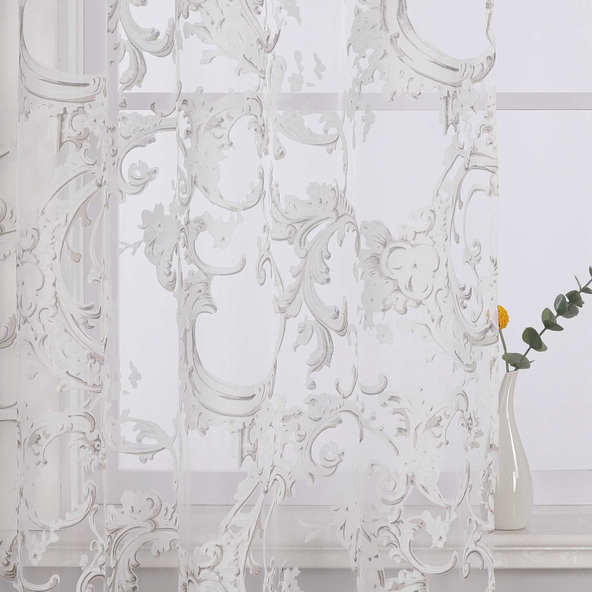 Elegant Curtain with Phoenix-Flower Pattern - Sheer Voile Grommet Curtain Panel - Sand, H x W 245 x 140cm