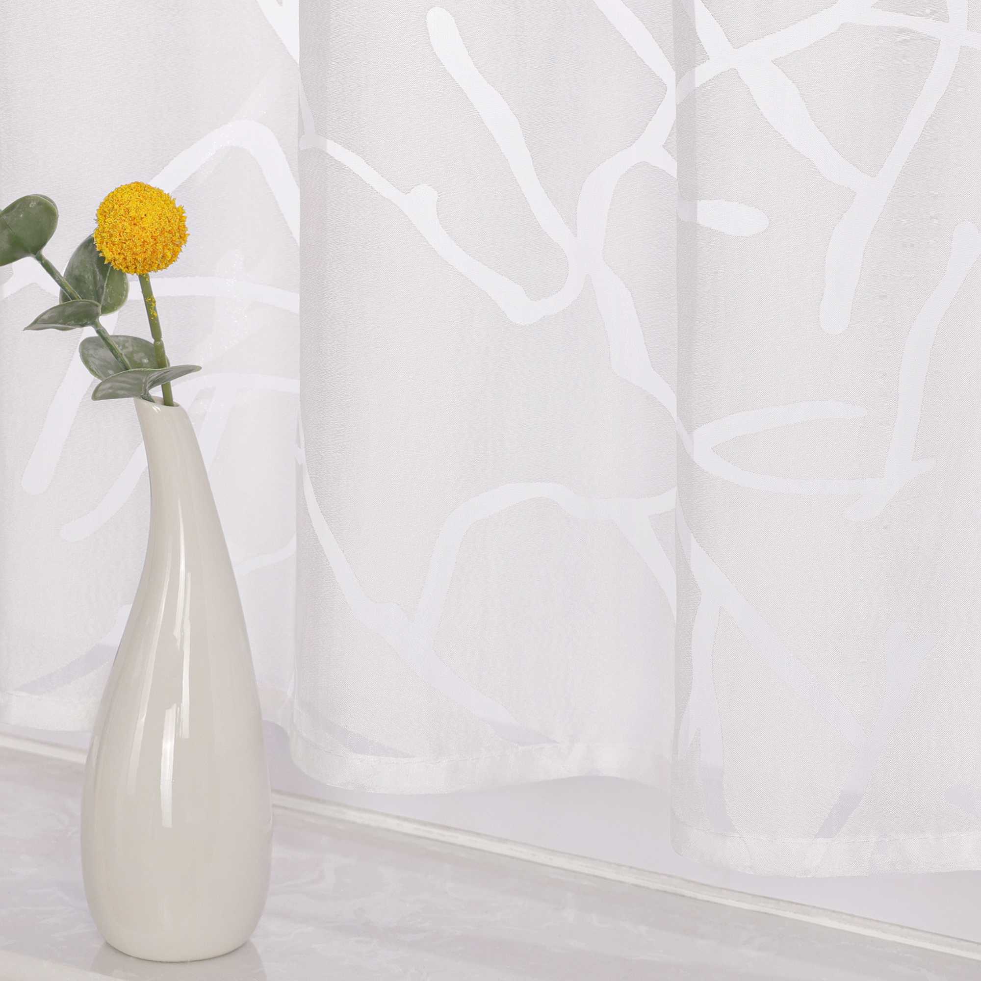 Cafe Curtain with Line Pattern and Branch Motif 1 Piece - White, H x W 45 x 90cm