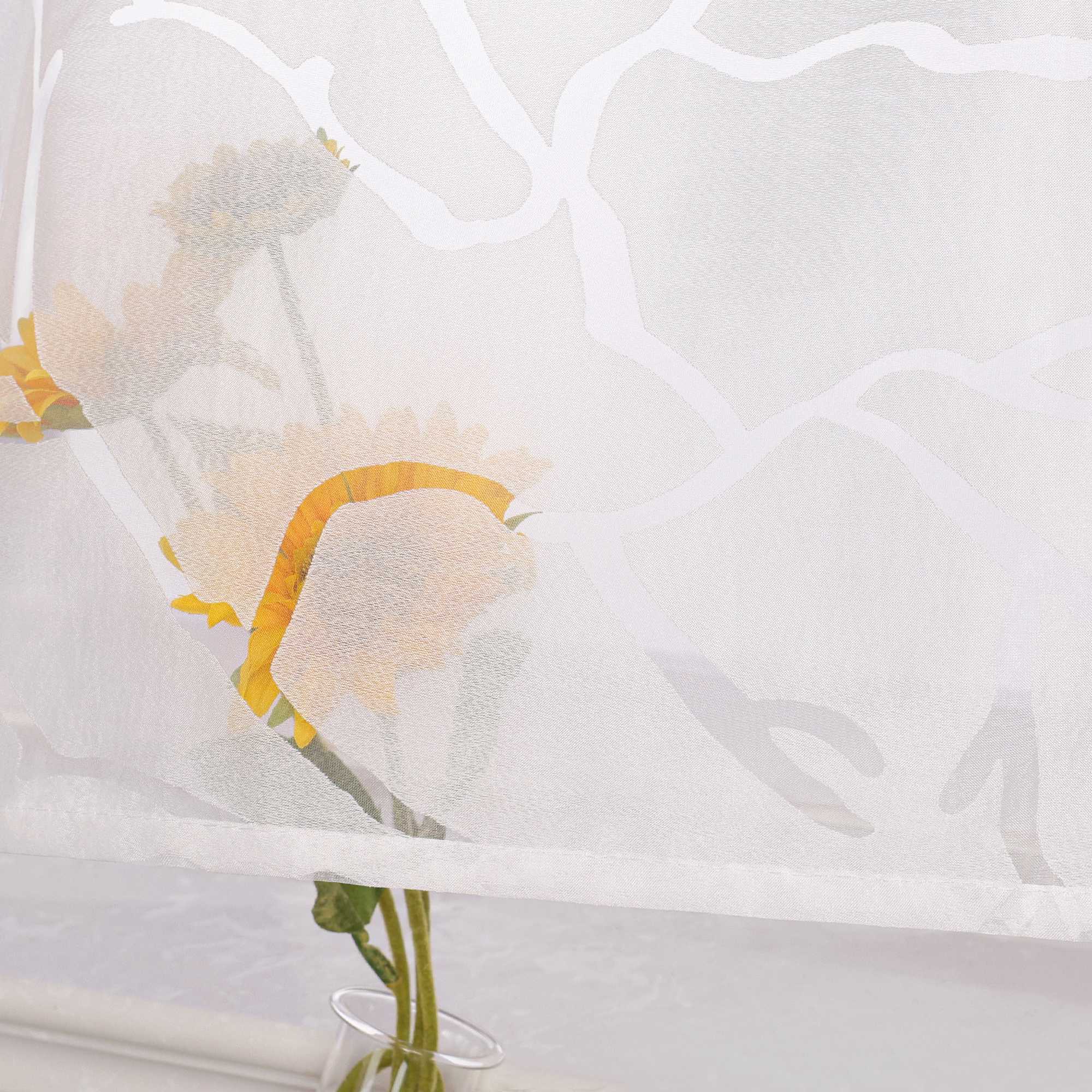 Cafe Curtain with Line Pattern and Branch Motif 1 Piece - White, H x W 45 x 120cm