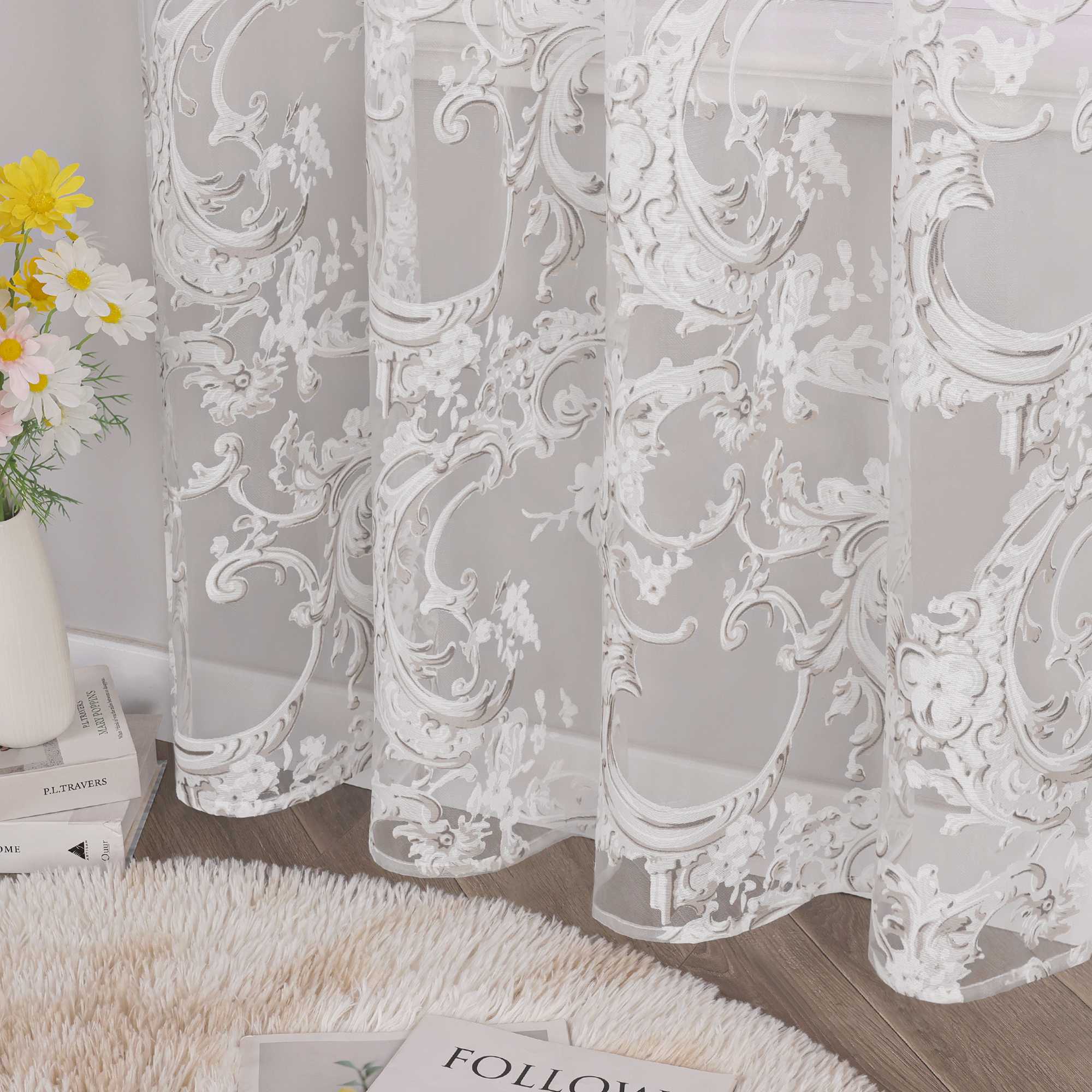 Elegant Curtain with Phoenix-Flower Pattern - Sheer Voile Grommet Curtain Panel - Brown, H x W 145 x 140cm