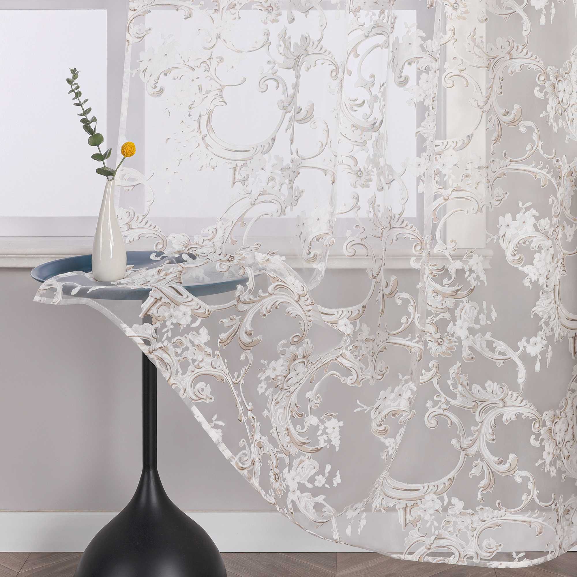 Elegant Curtain with Phoenix-Flower Pattern - Sheer Voile Grommet Curtain Panel
