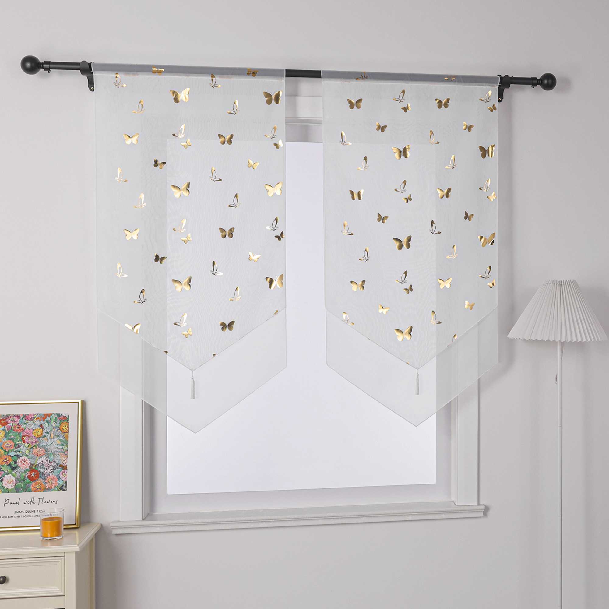 Cafe Curtain with Butterfly Pattern Sheer 1 Piece - Silver, W x H 40 x 90cm