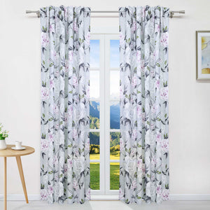 Blackout Grommet Curtain with Floral Pattern Thermal 1 Piece - White, Tab-Top Panel