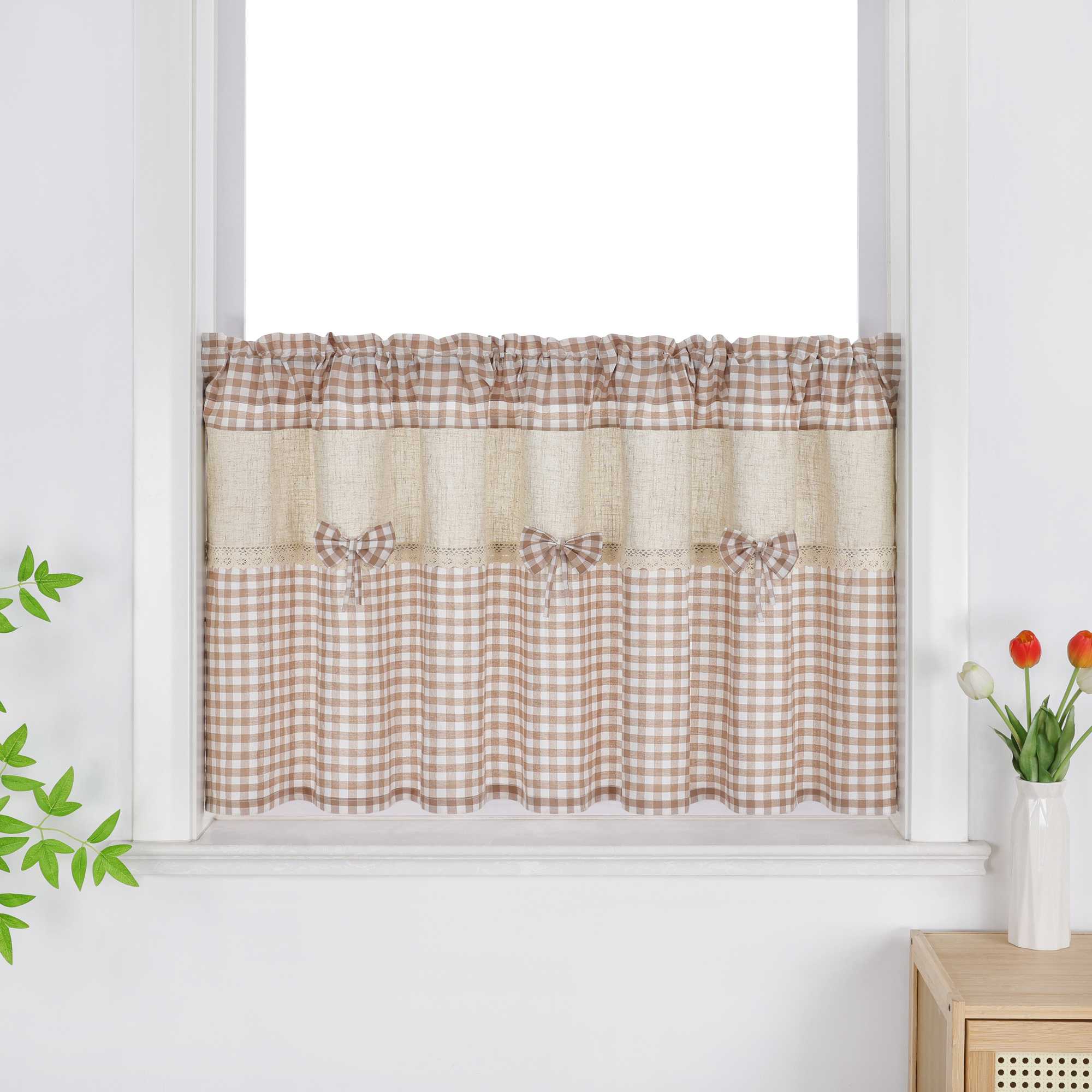 Country Style Cafe Curtain with Check Pattern - H x W 45*90cm