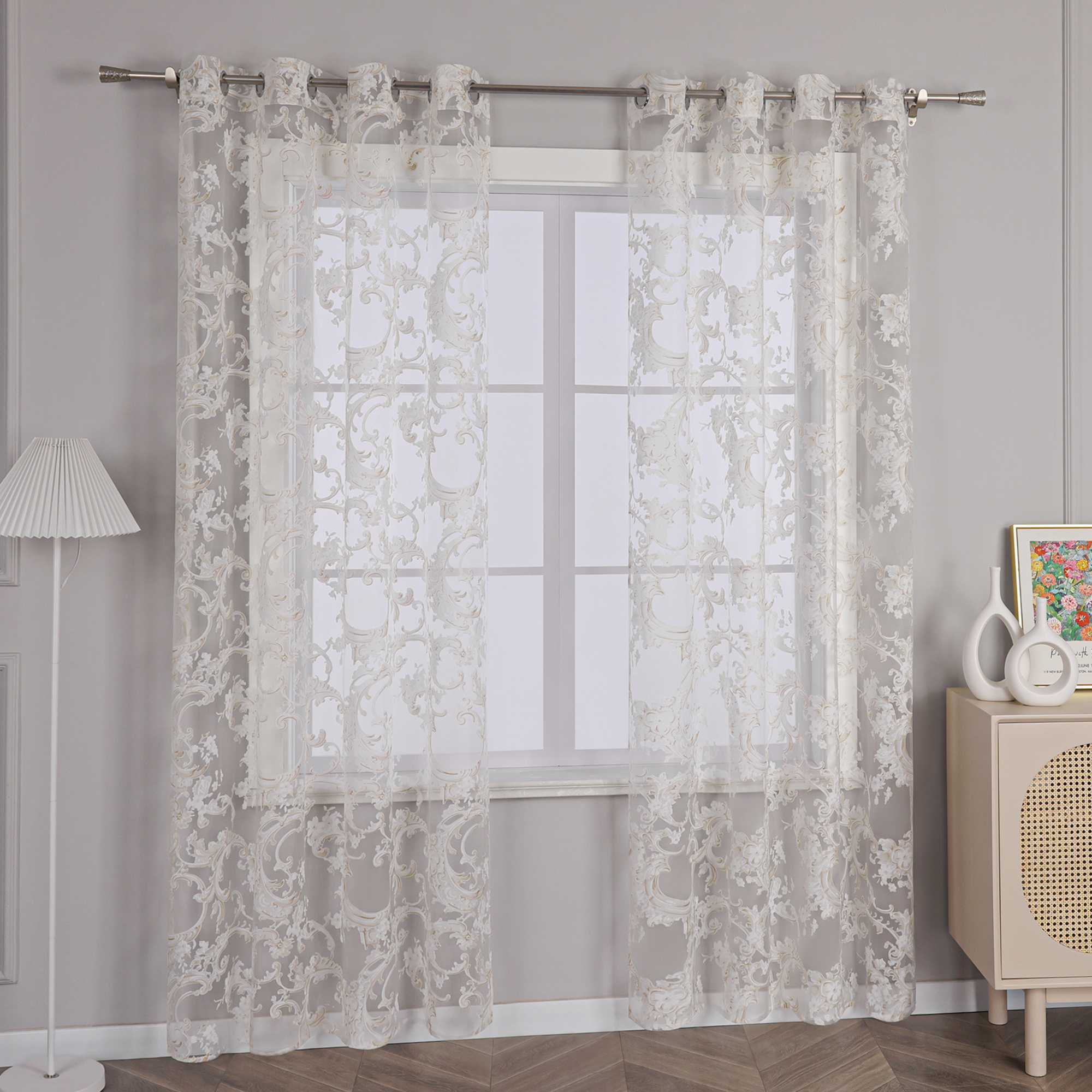 Elegant Curtain with Phoenix-Flower Pattern - Sheer Voile Grommet Curtain Panel