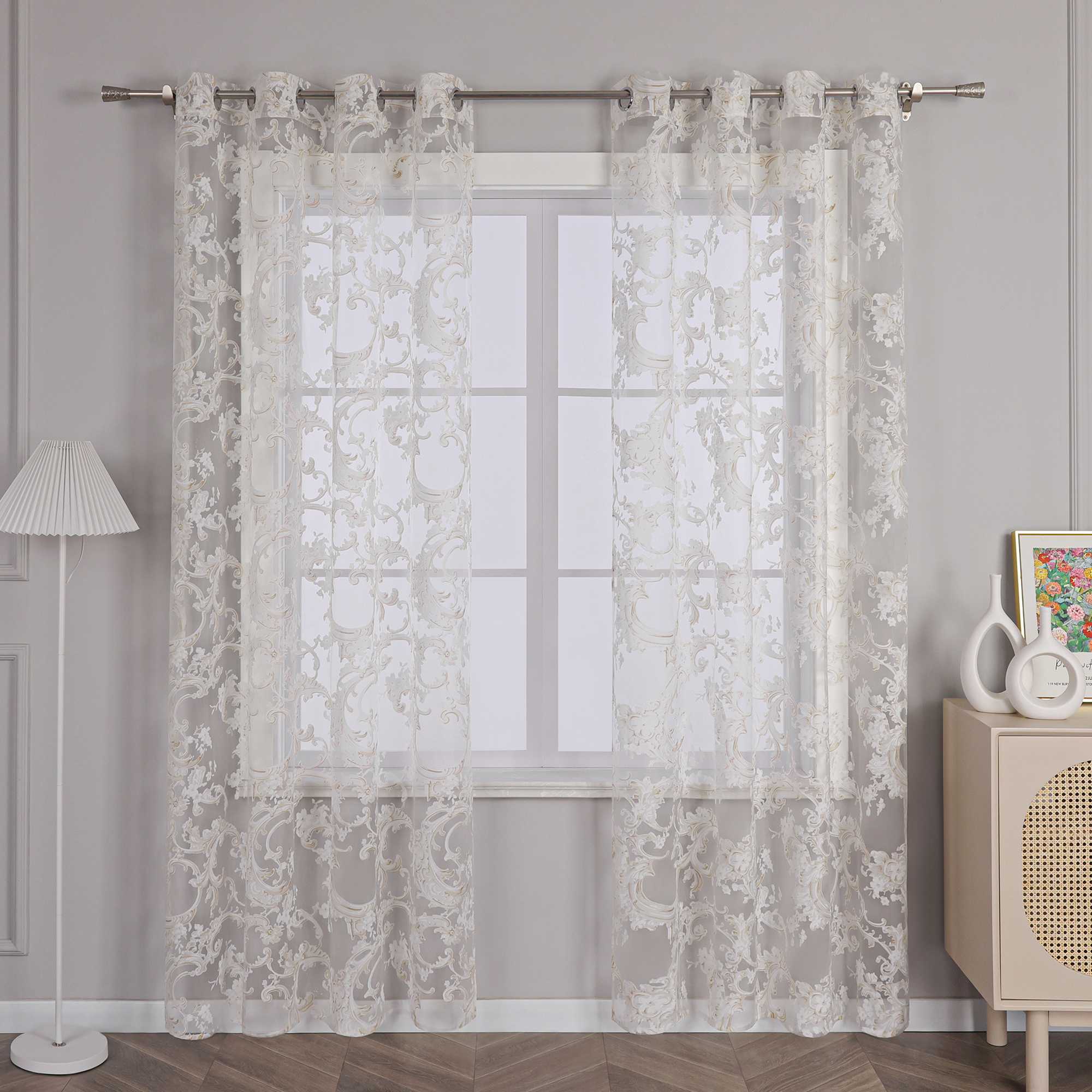 Elegant Curtain with Phoenix-Flower Pattern - Sheer Voile Grommet Curtain Panel