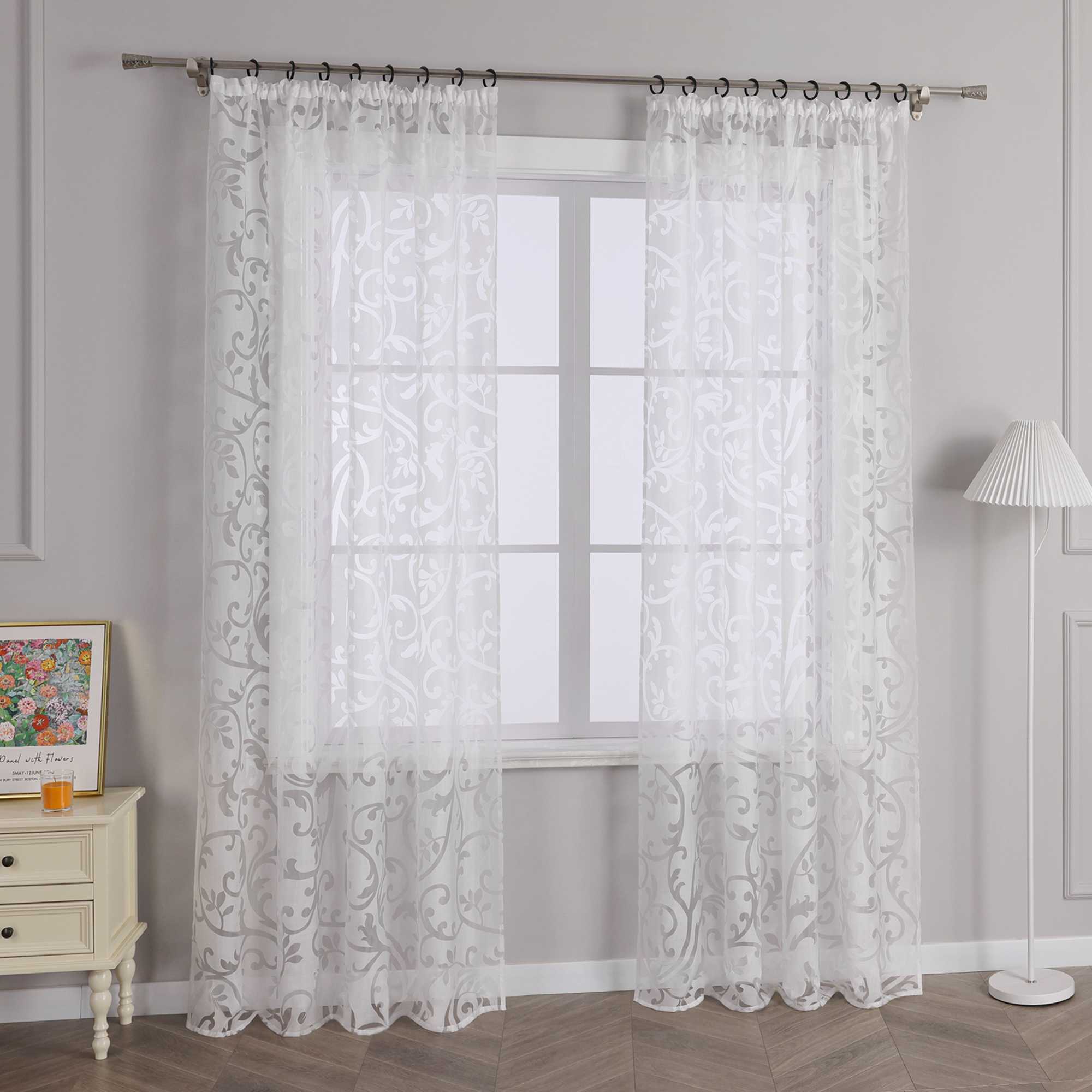 Curtains with Vine Pattern - White, Grommet Panel