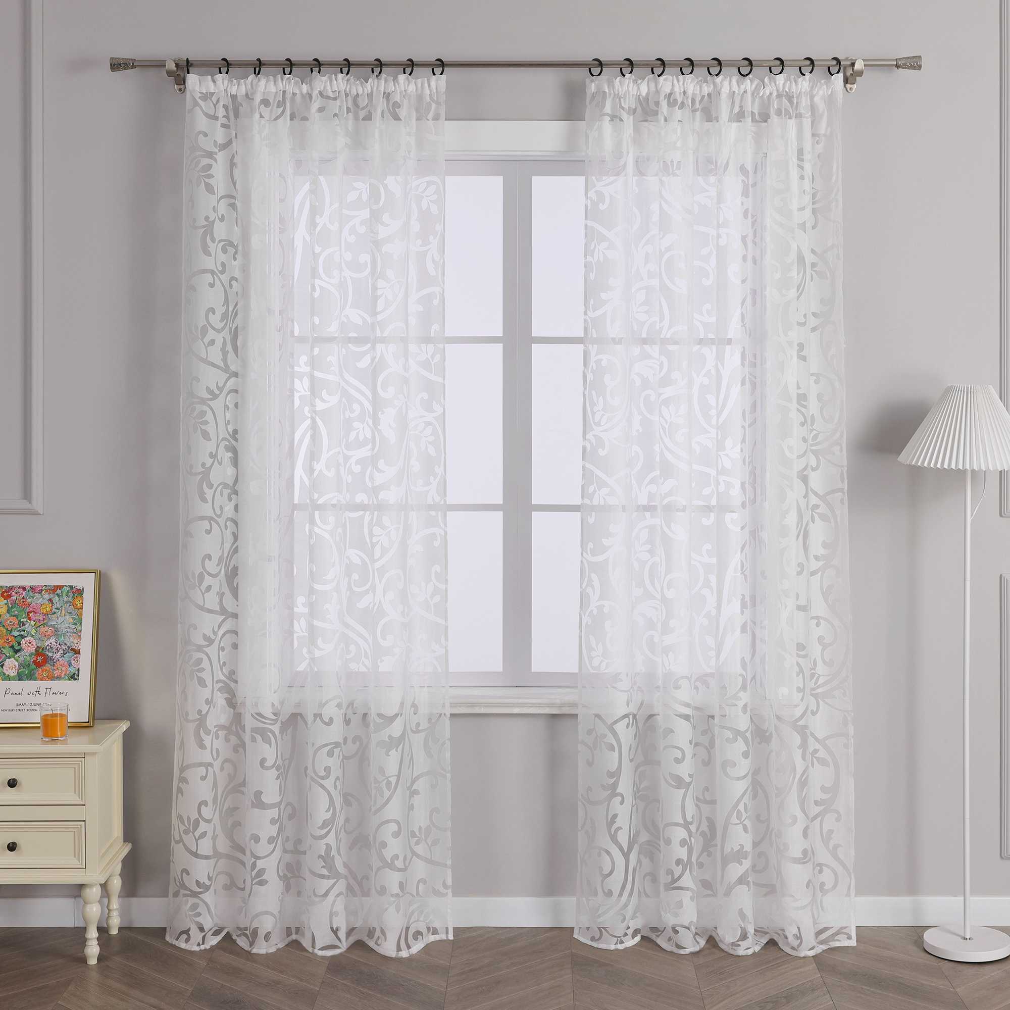 Curtains with Vine Pattern - White, Grommet Panel