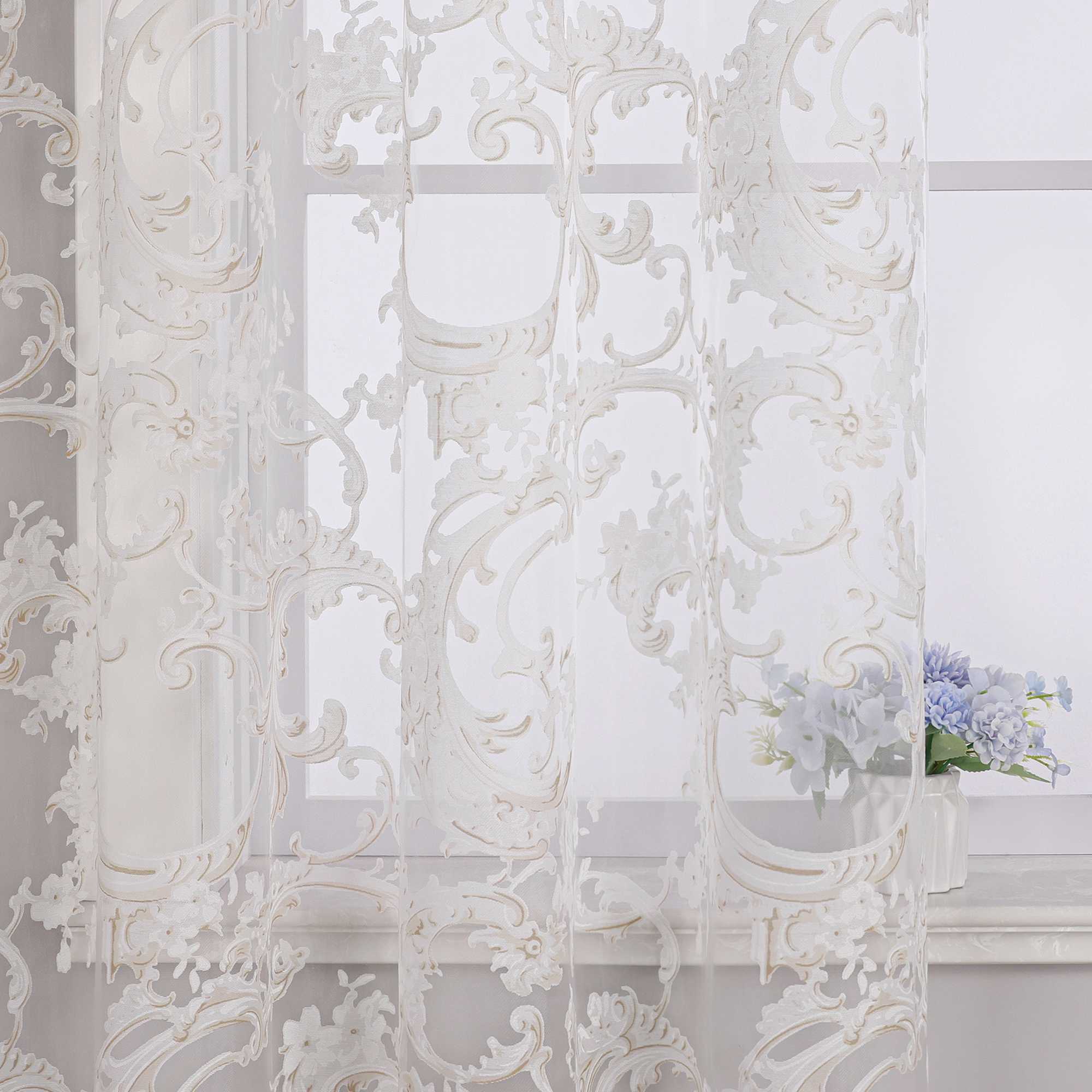Elegant Curtain with Phoenix-Flower Pattern - Sheer Voile Grommet Curtain Panel