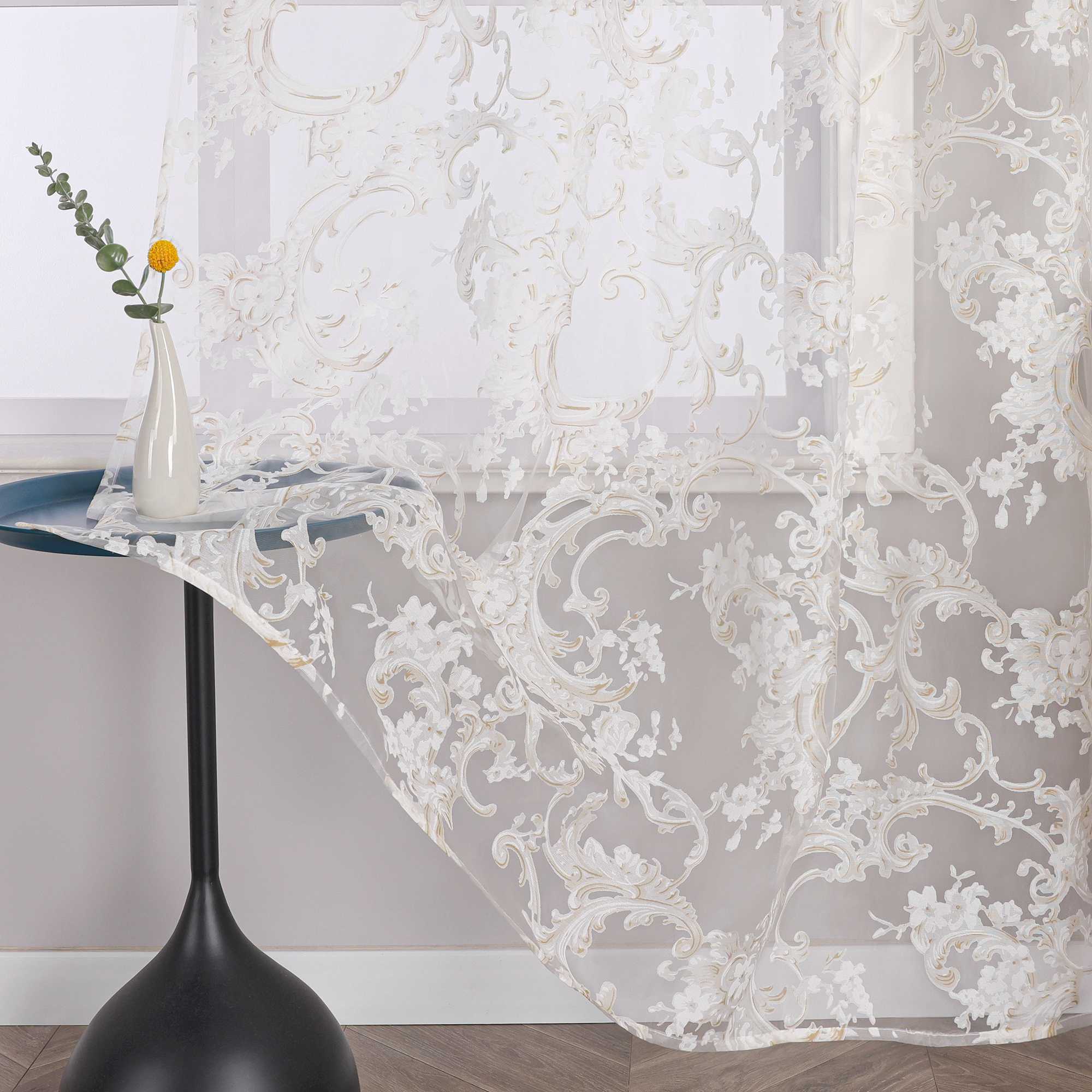 Elegant Curtain with Phoenix-Flower Pattern - Sheer Voile Grommet Curtain Panel