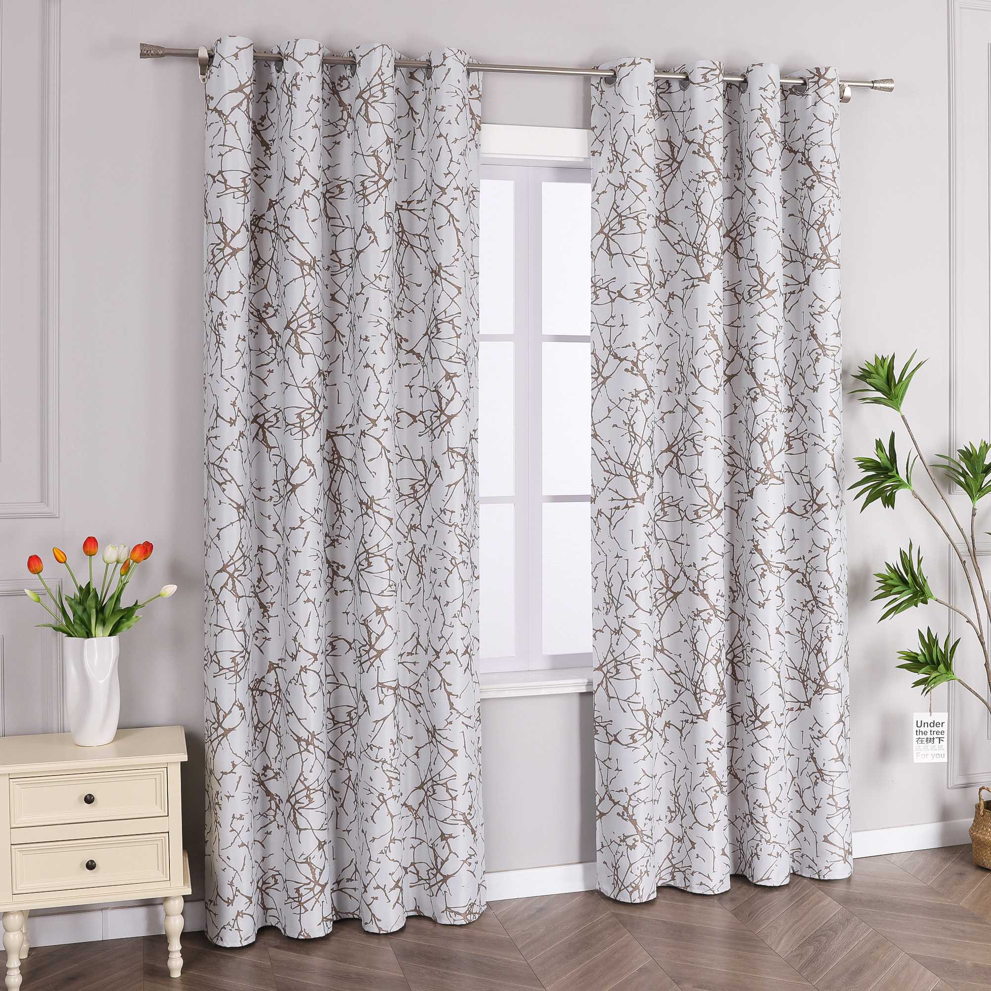 Blackout Grommet Curtain with Branch Print Thermal 1 Piece - White, H x W 175 x 140cm