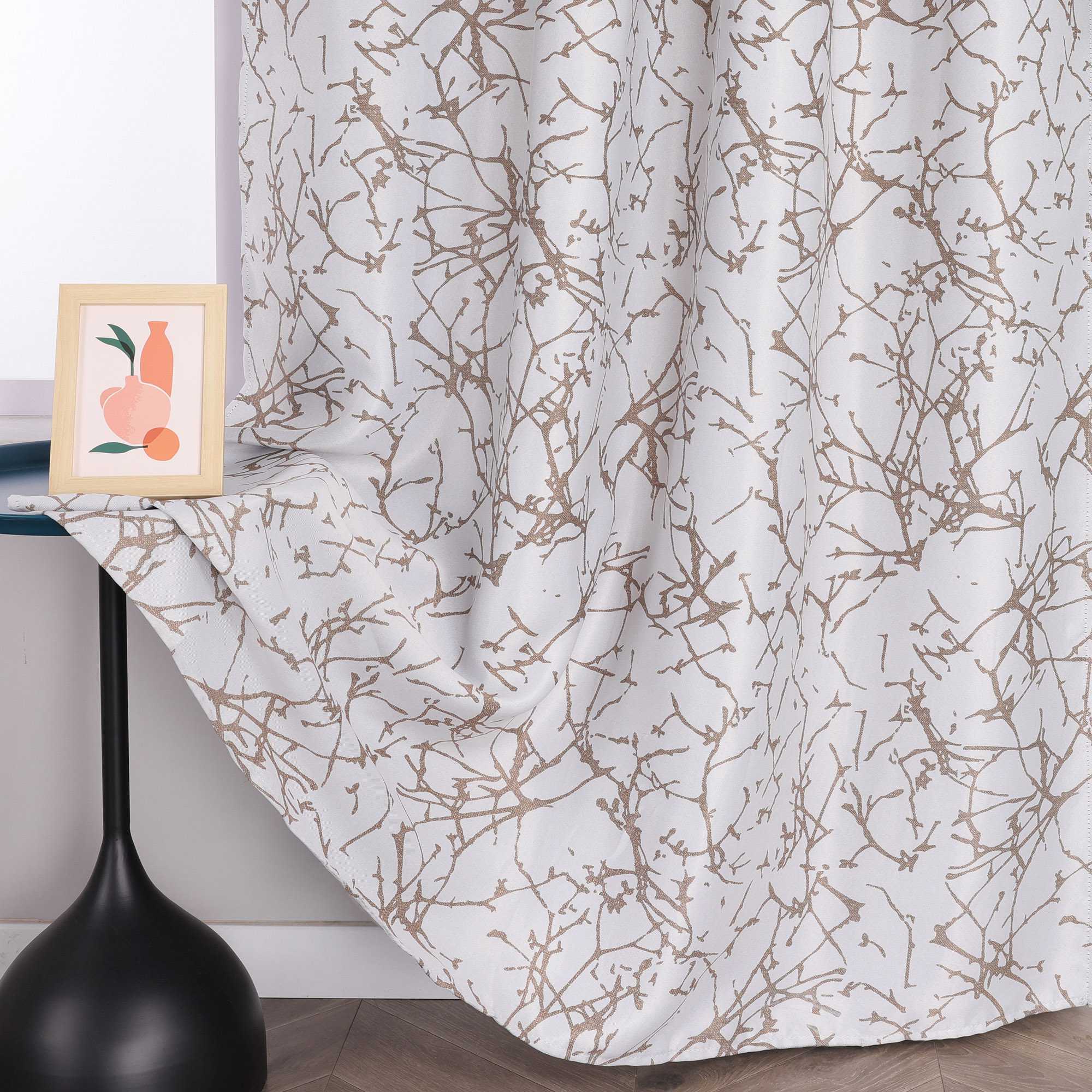 Blackout Grommet Curtain with Branch Print Thermal 1 Piece - White, H x W 225 x 140cm