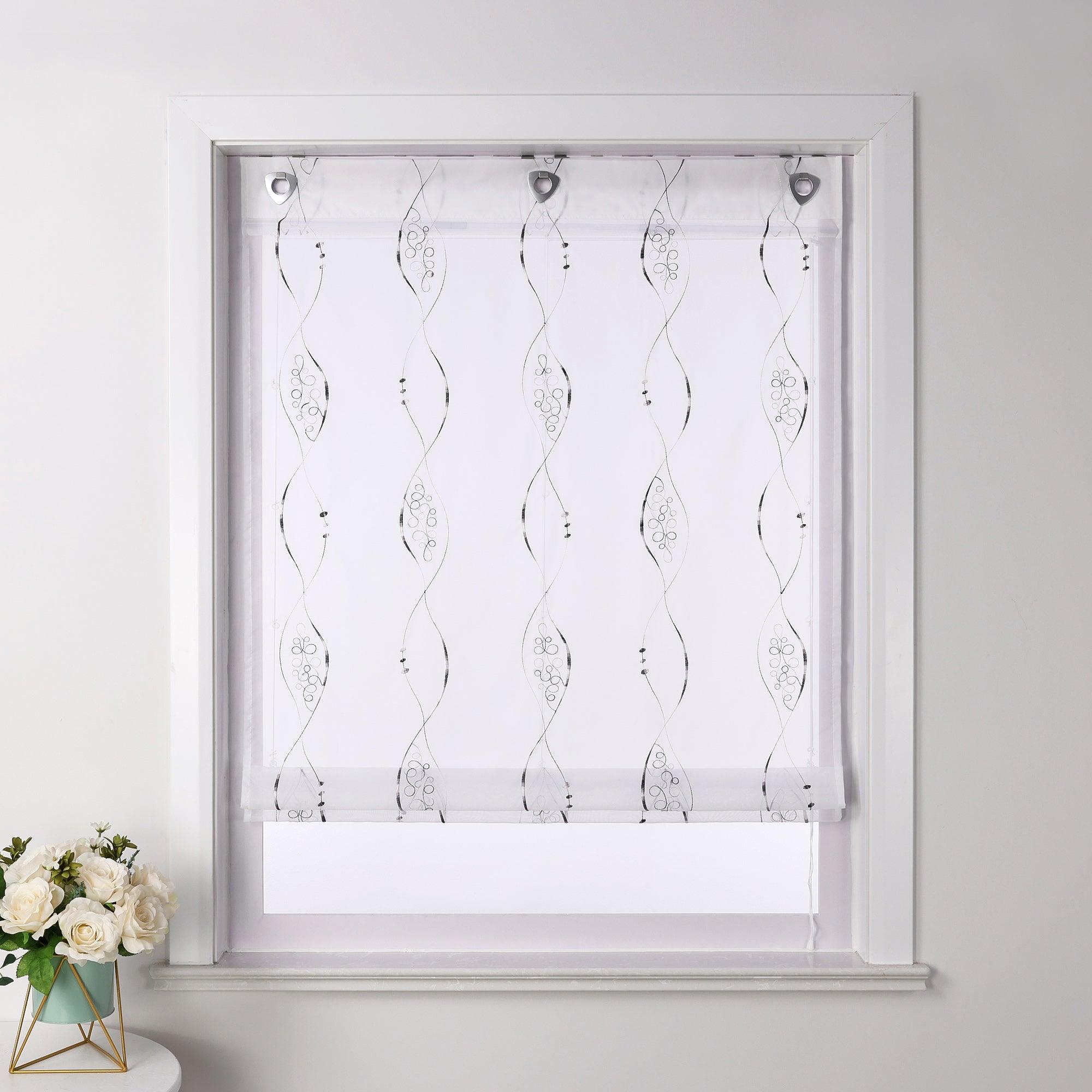 No-Drill Sheer Roman Shade with Grommets, U-Hooks and Embroidery - Brown, W x H 80 x 140cm
