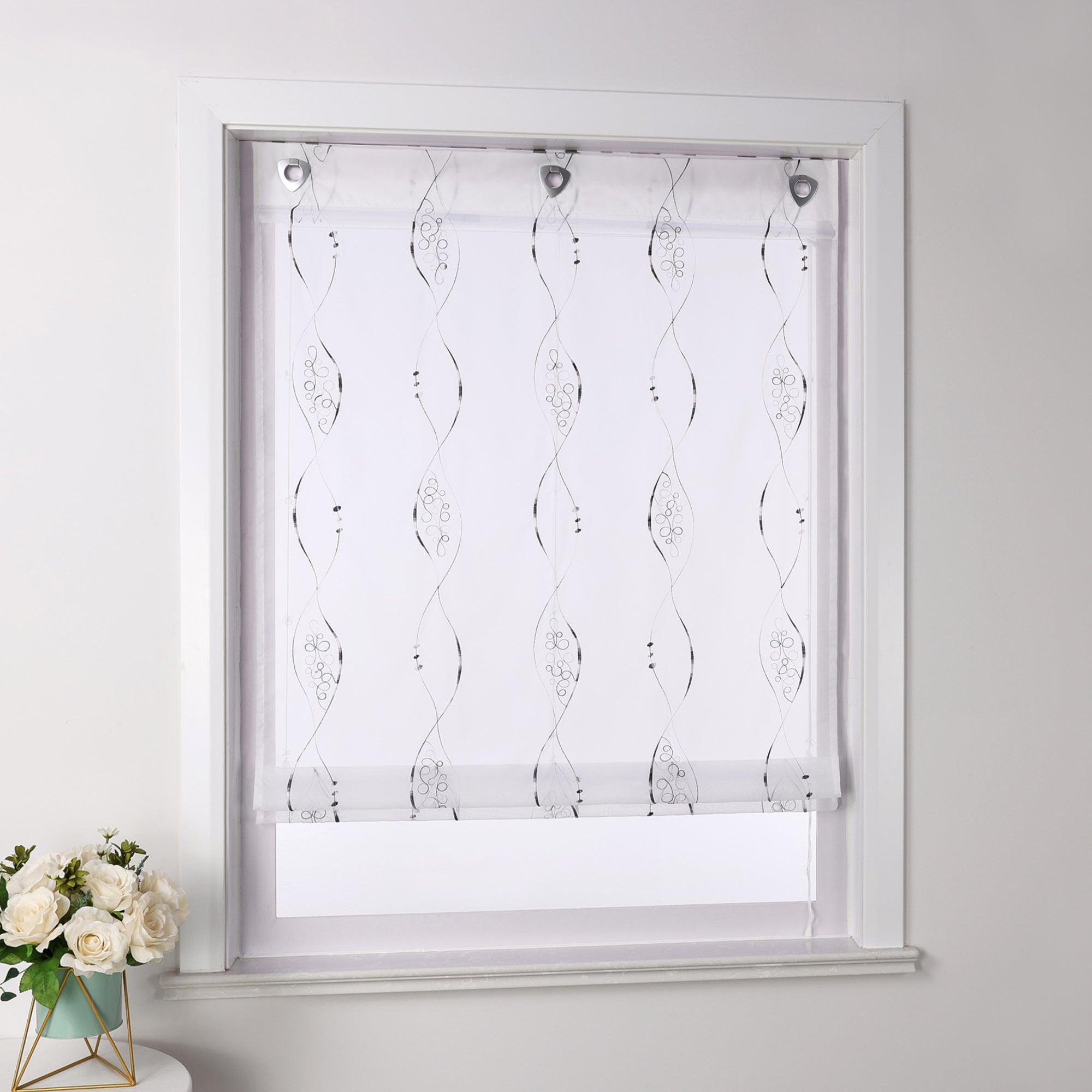 No-Drill Sheer Roman Shade with Grommets, U-Hooks and Embroidery - Brown, W x H 100 x 140cm