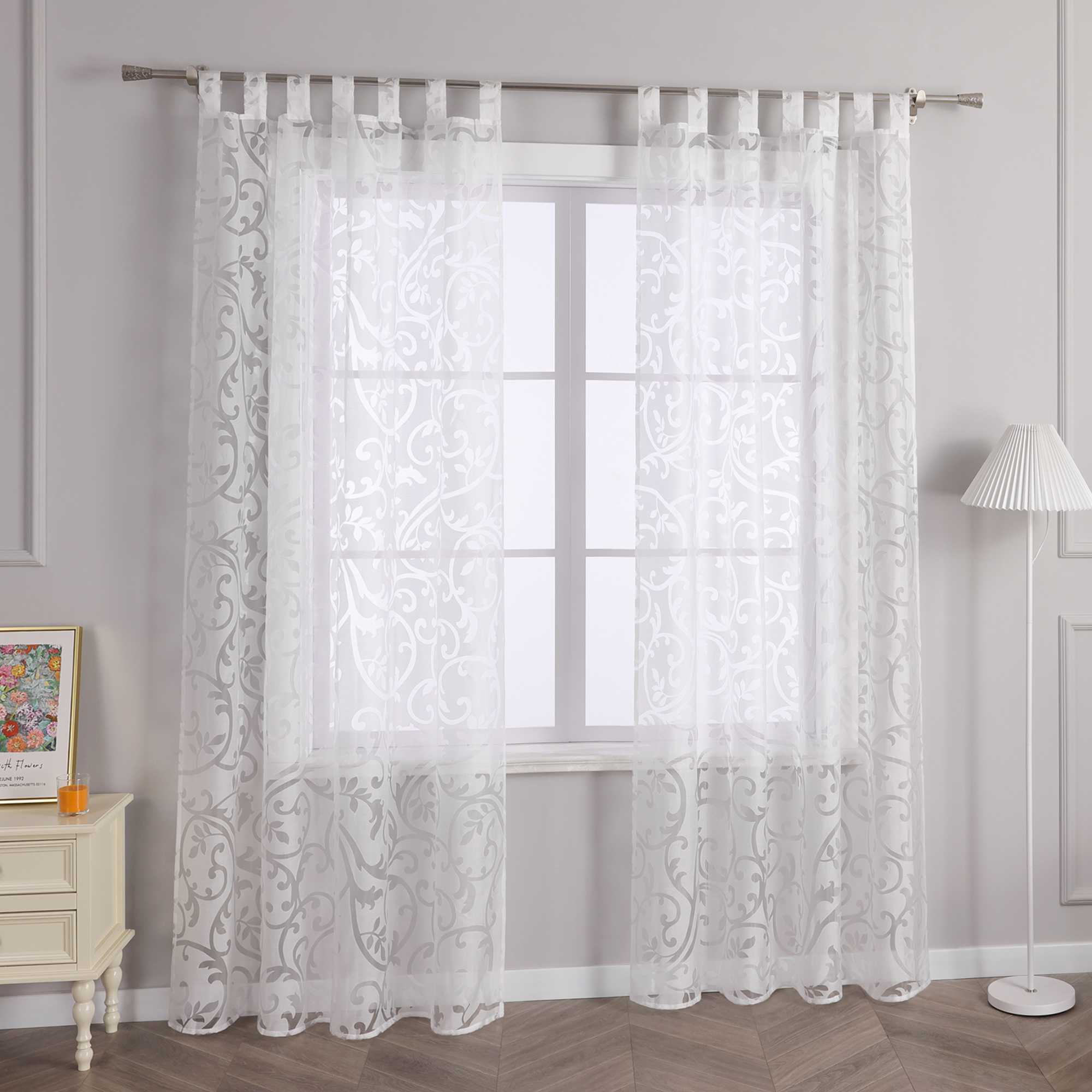 Curtains with Vine Pattern - White, Tab-Top Panel