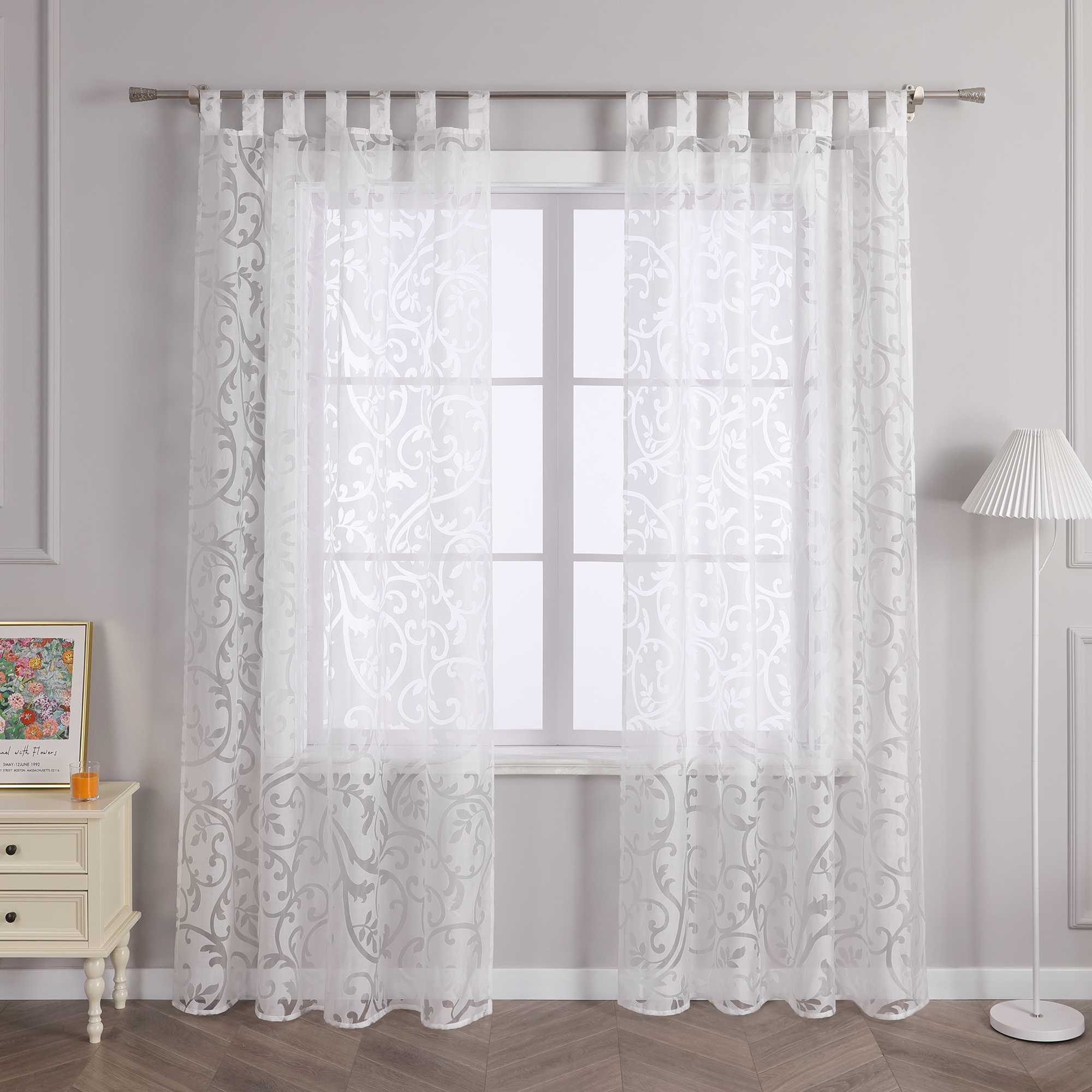 Curtains with Vine Pattern - White, Tab-Top Panel