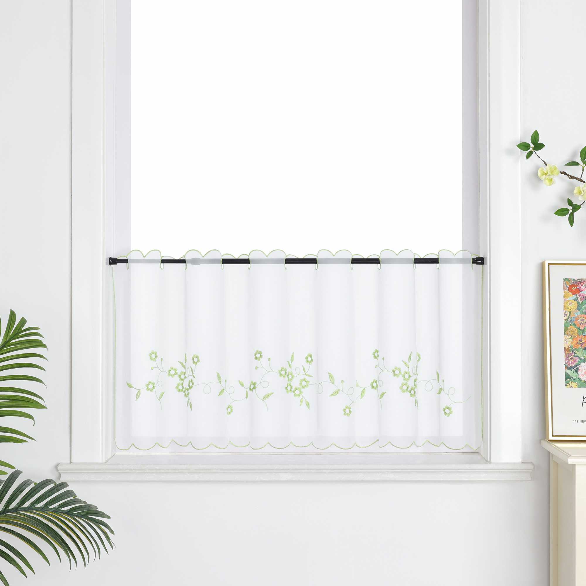 Cafe Curtain with Floral Embroidery - Black, H x W 45 x 90cm