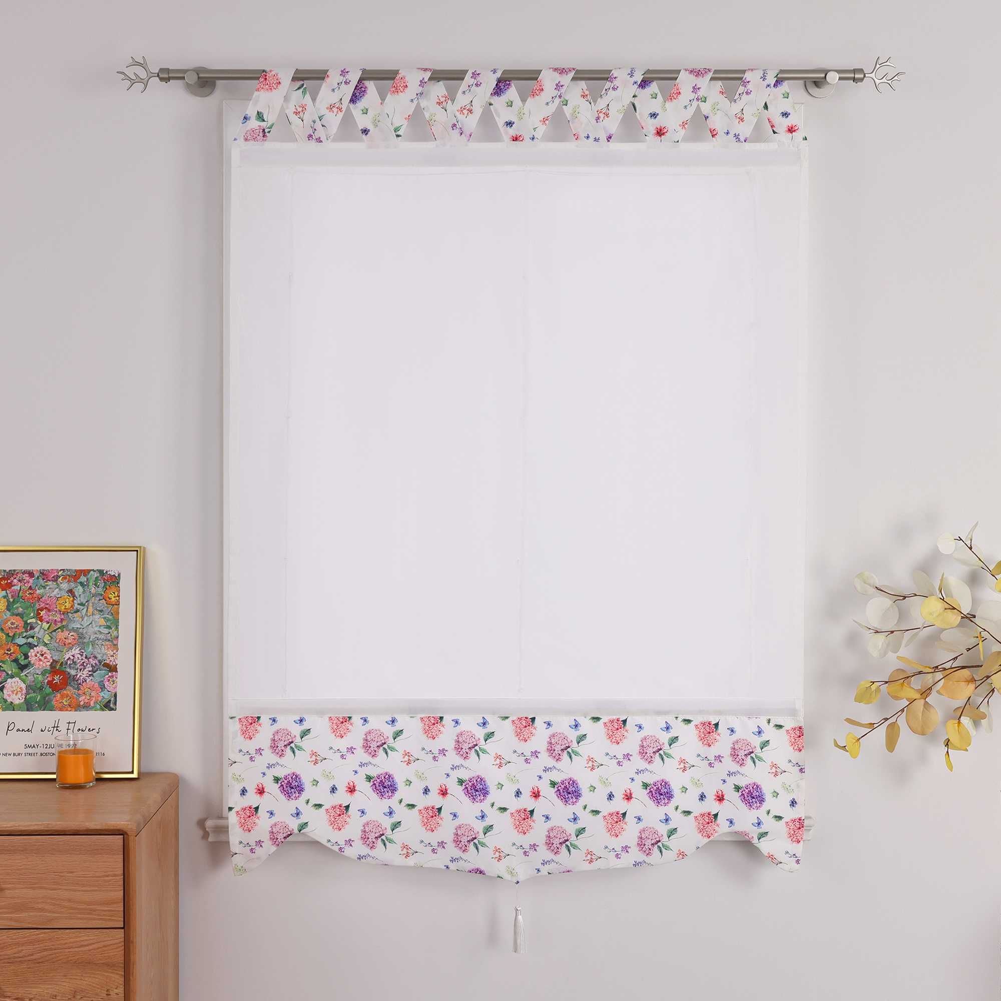 Roman Shade with V-Shaped Tab Tops Opaque Kitchen with Hydrangea Pattern - White, W x H 120 x 140cm