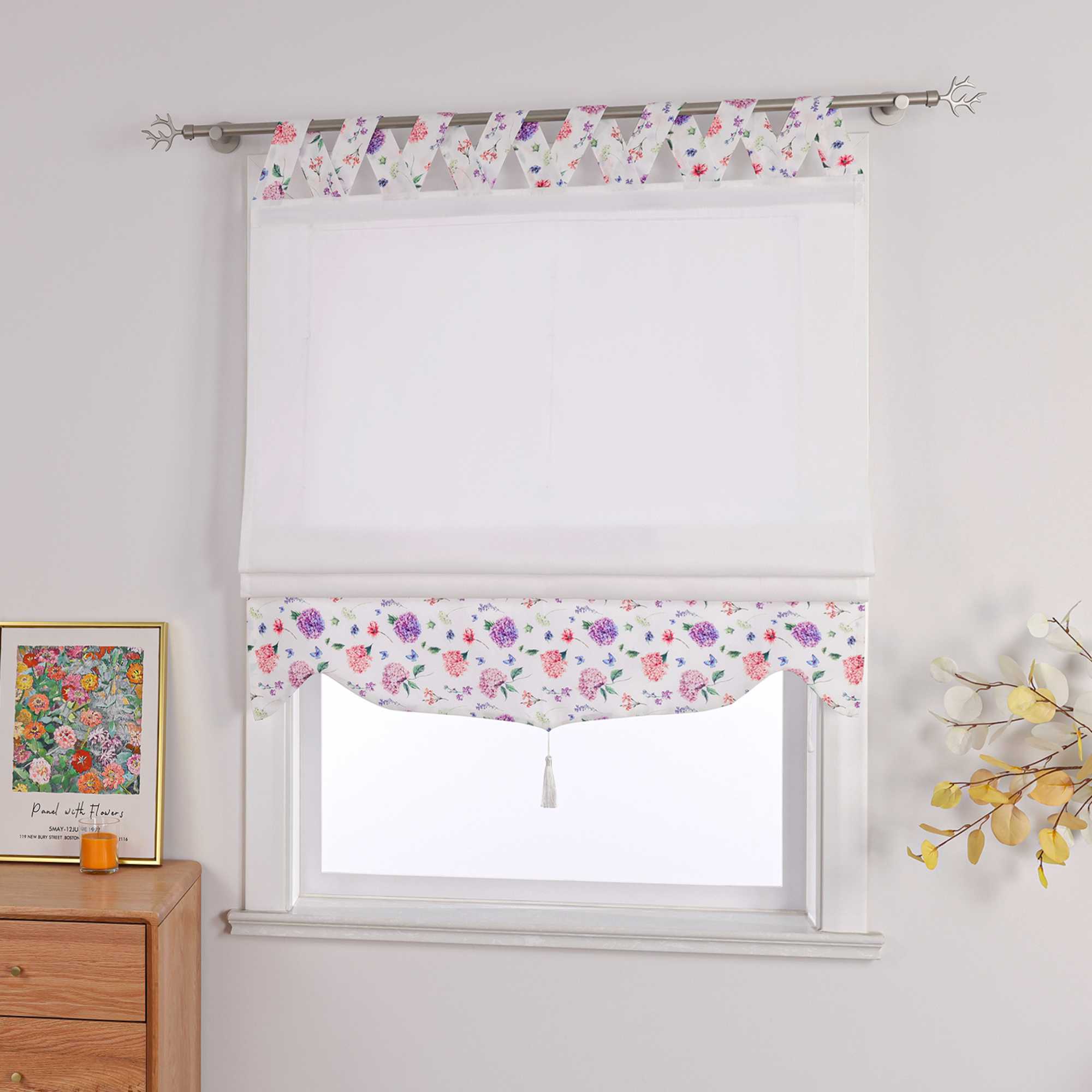 Roman Shade with V-Shaped Tab Tops Opaque Kitchen with Hydrangea Pattern - White, W x H 100 x 140cm