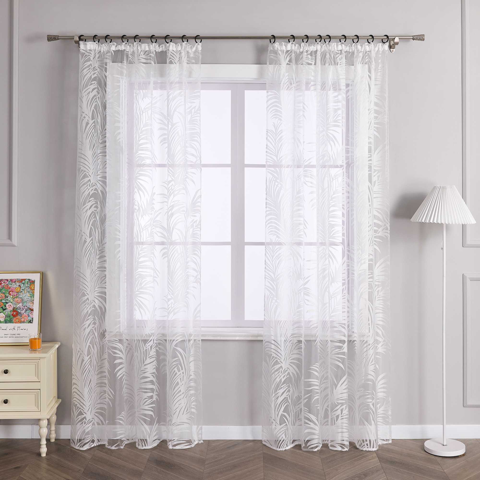 Curtain in Burnout Fabric with Leaves Pattern 1 Piece - Curtain-Tape Panel, White