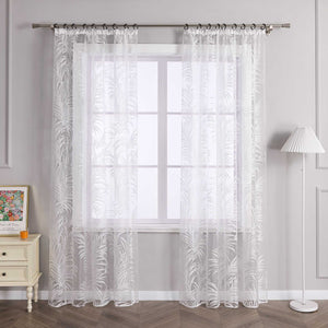 Curtain in Burnout Fabric with Leaves Pattern 1 Piece - Curtain-Tape Panel, White