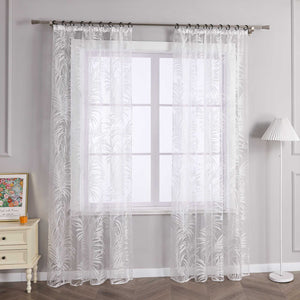 Curtain in Burnout Fabric with Leaves Pattern 1 Piece - Curtain-Tape Panel, White