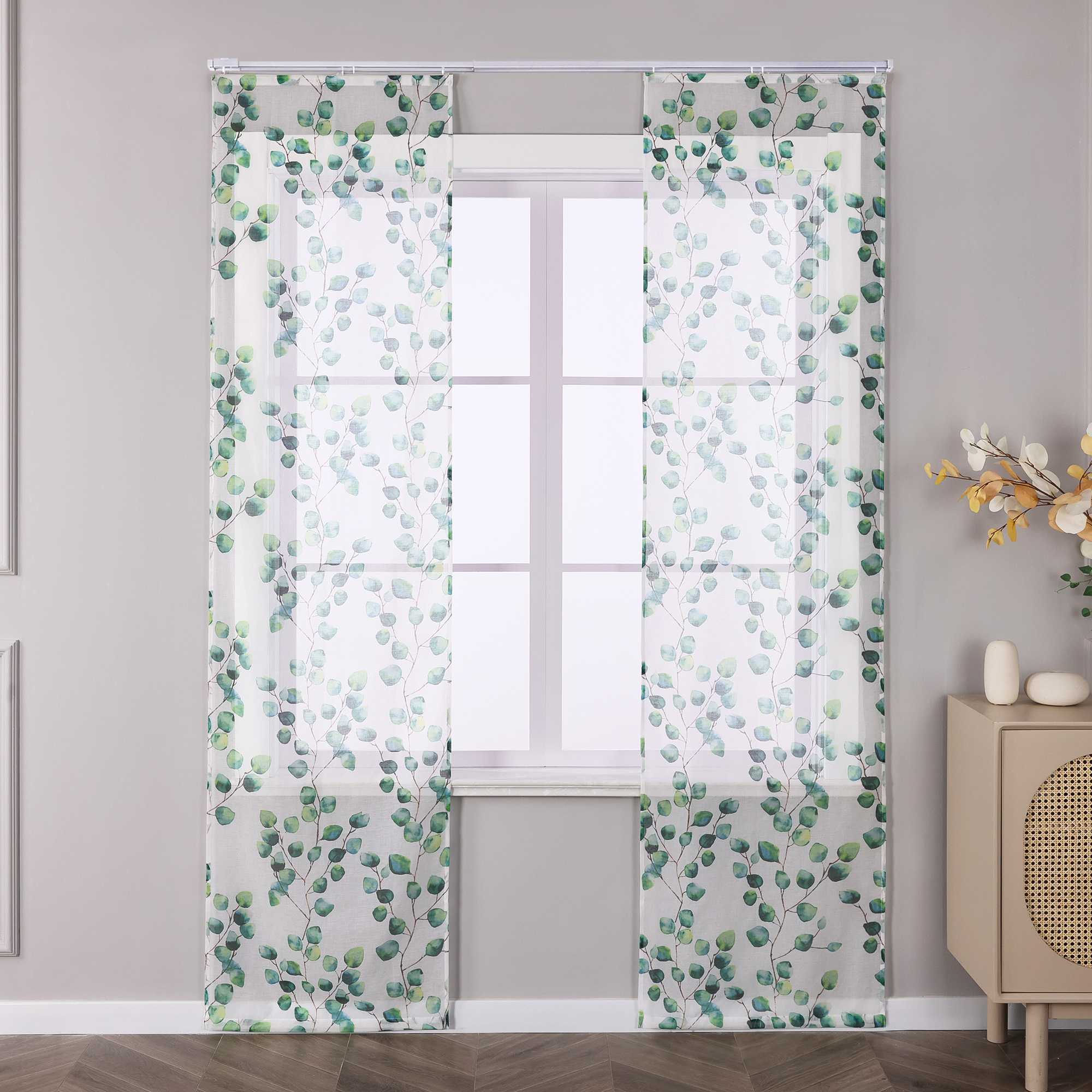 Hook-and-Loop Sliding Panel Curtains with Green Leaf Pattern Light-Filtering Set of 2 - Green, H x W 145 x 57 cm